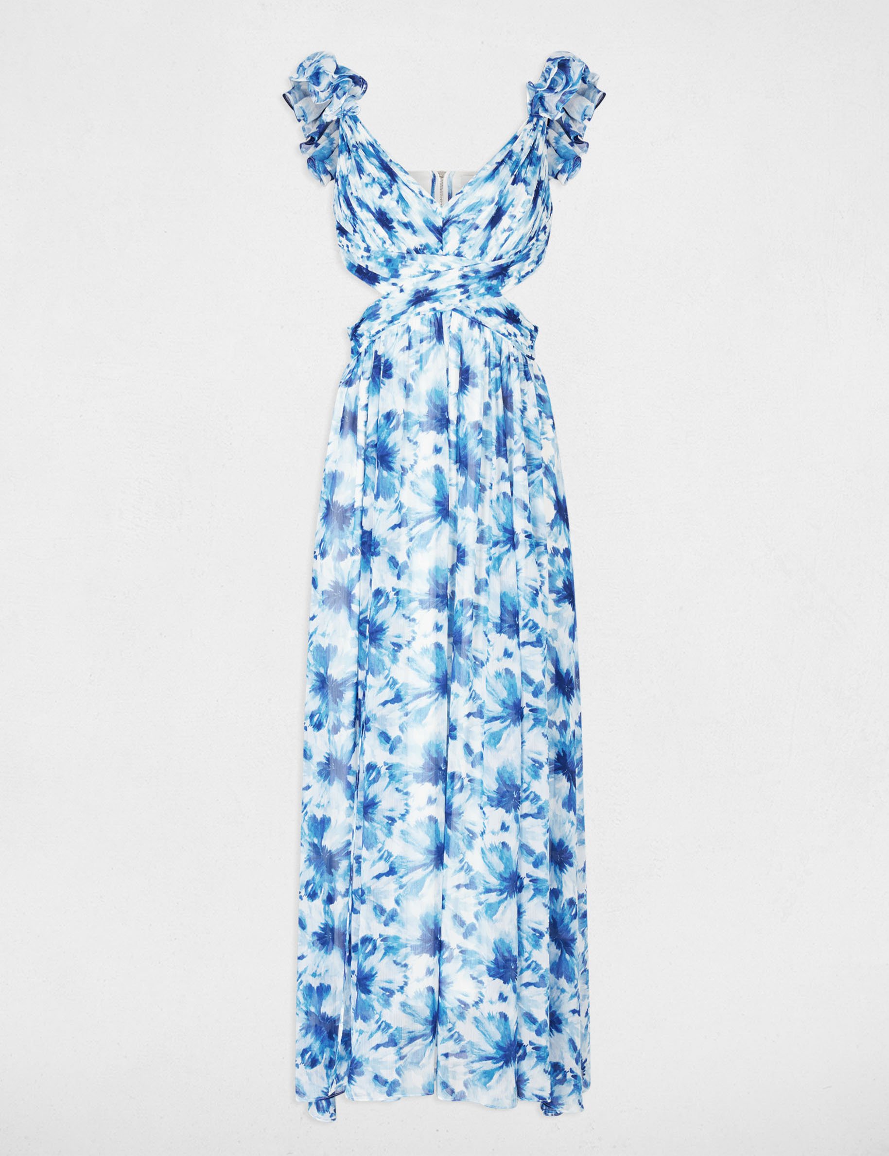 Robe longue florale &eacute;vas&eacute;e bleu marine femme