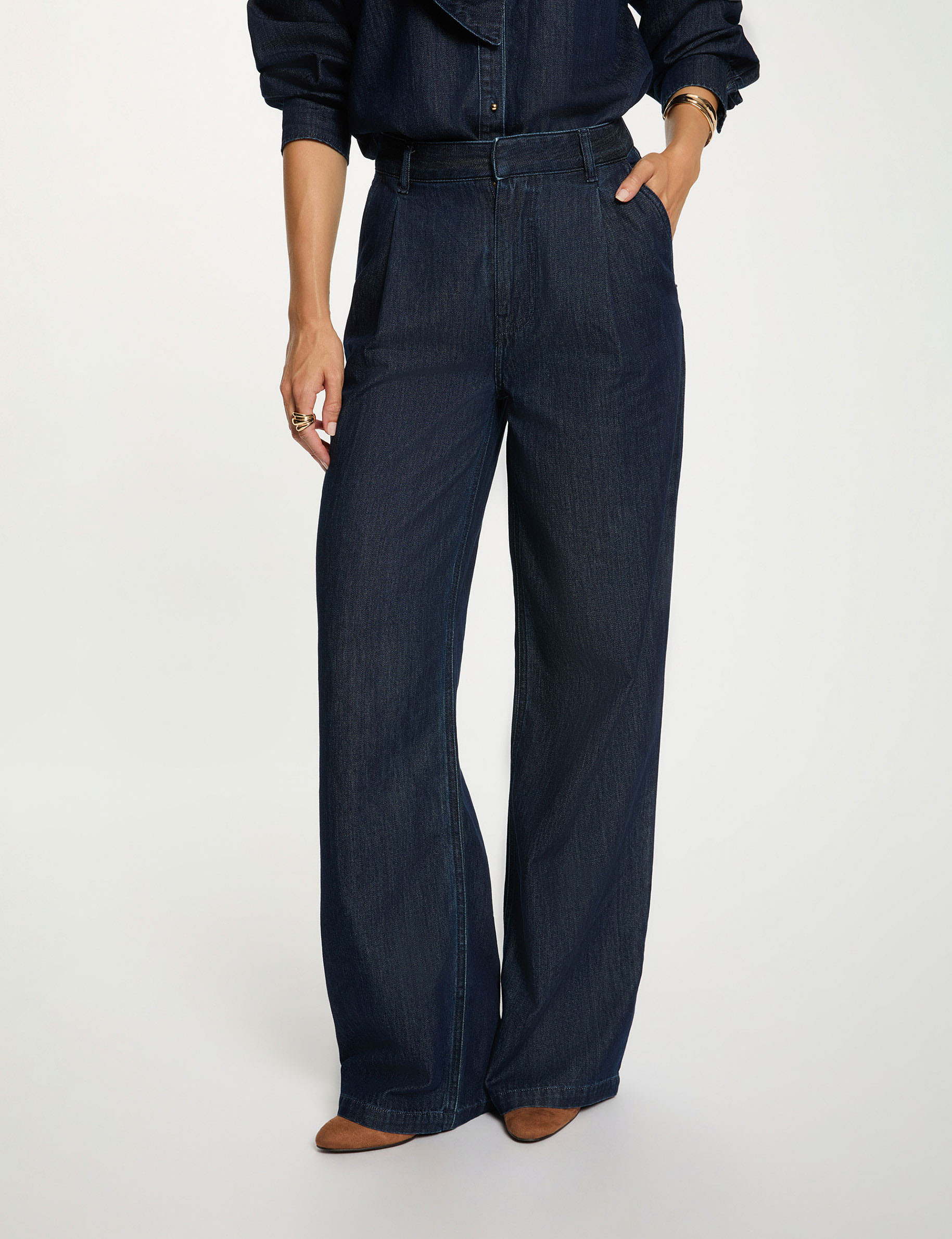Hoge taille wijde broek ruw denim vrouw