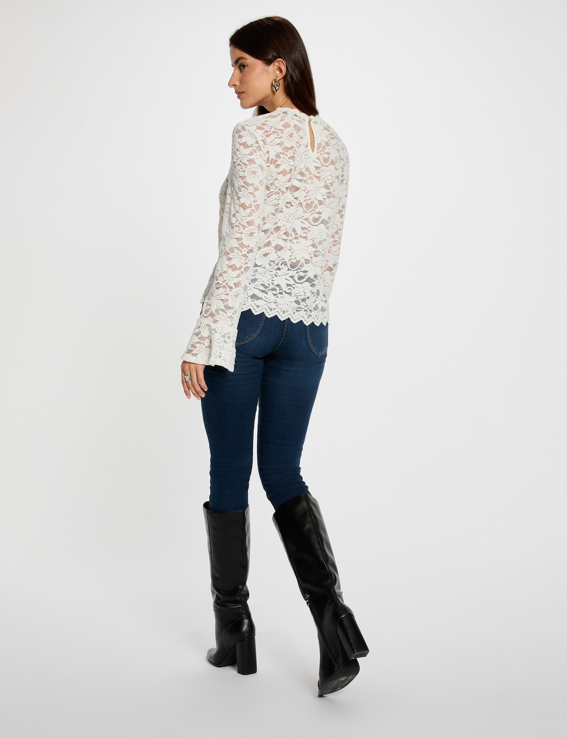 T-shirt dentelle manches longues blanc femme
