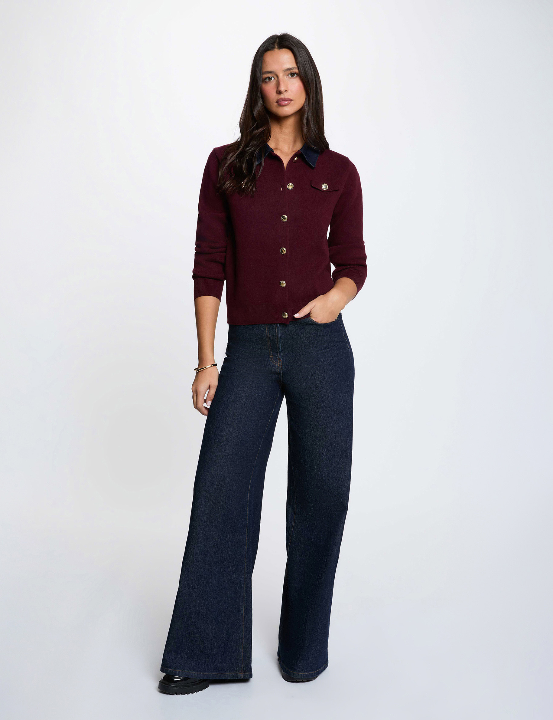 Gilet court col &agrave; revers prune femme