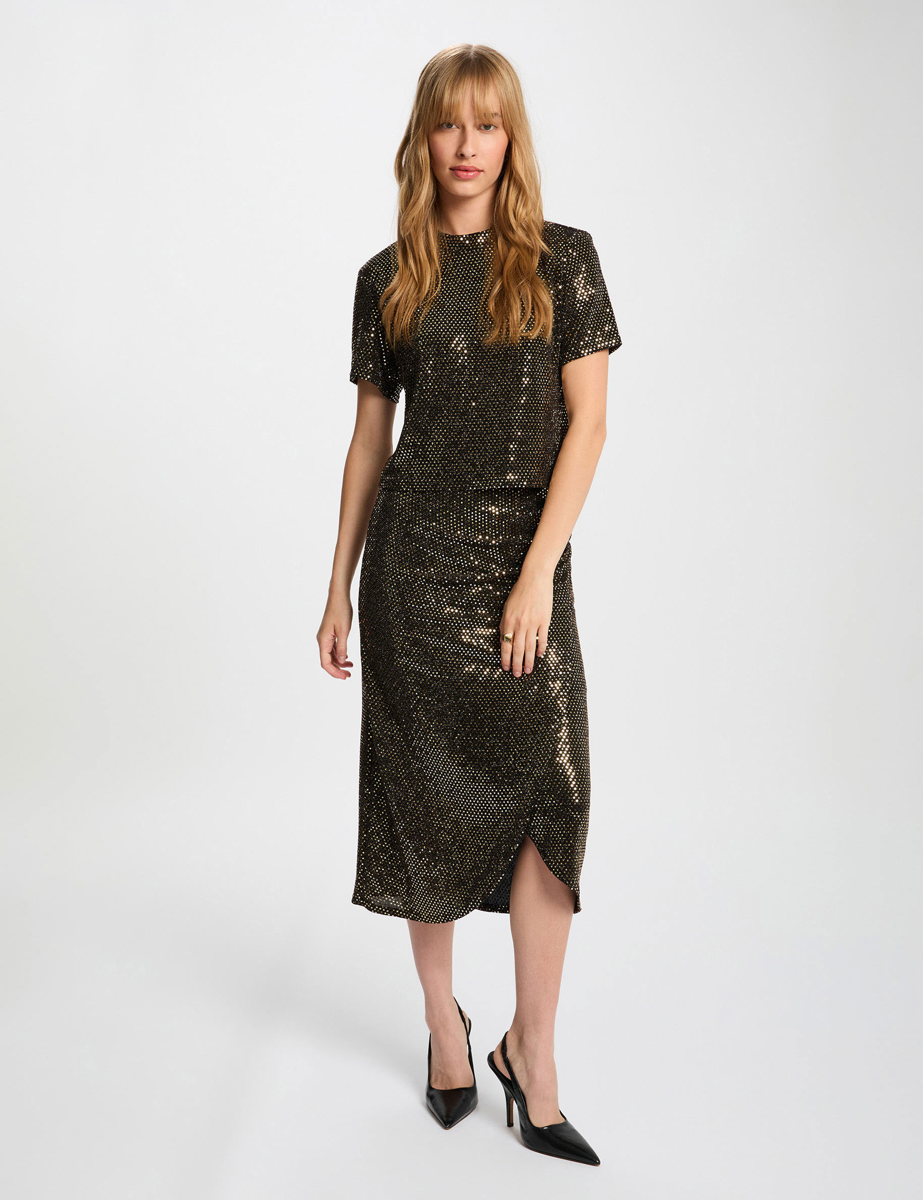 T-shirt met pailletten en hoge kraag goudgeel vrouw