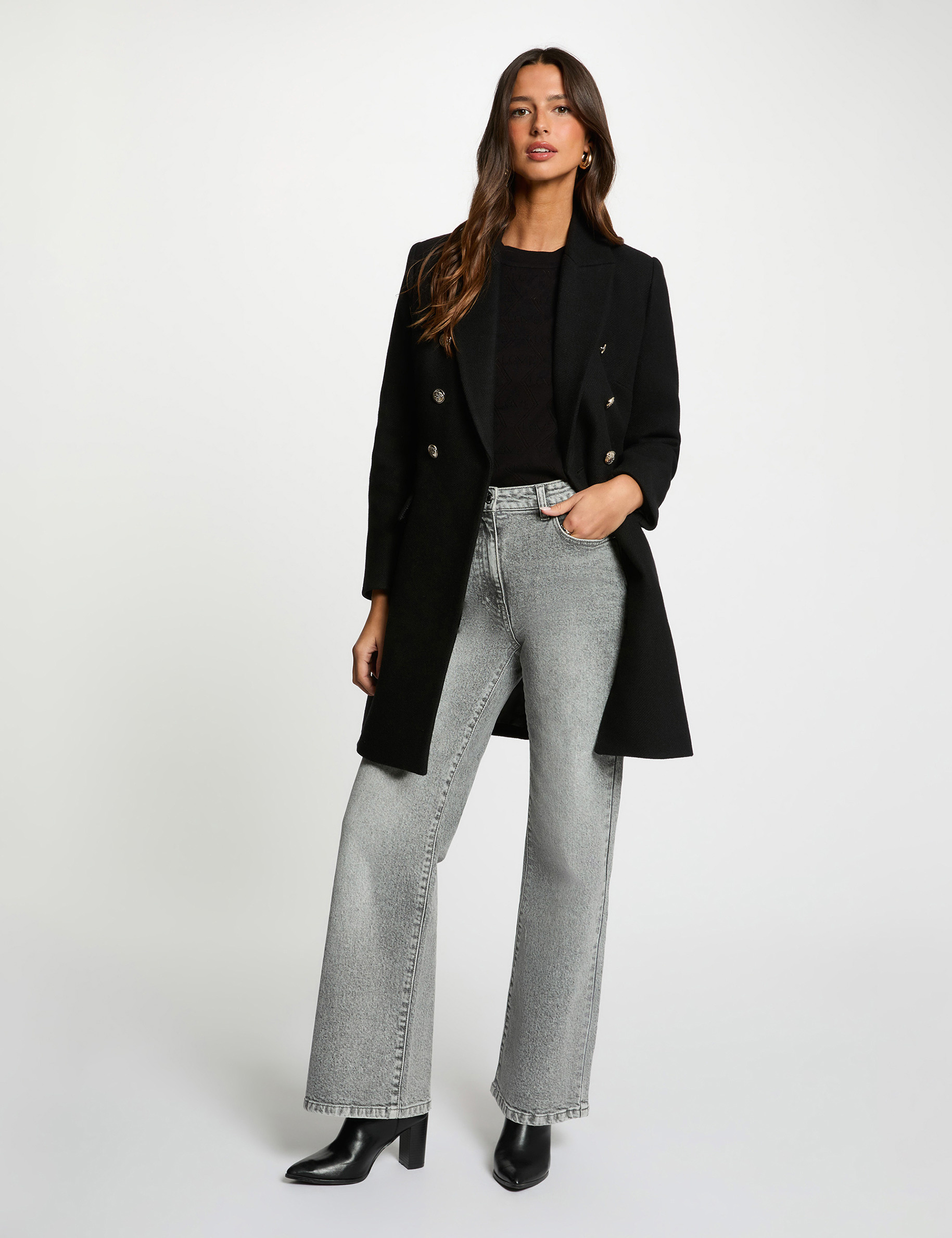 Manteau ajust&eacute; col tailleur noir femme