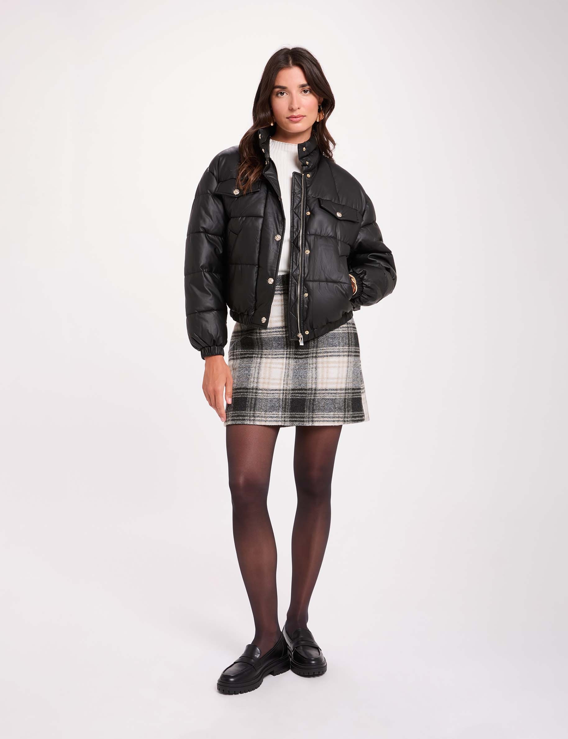 Doudoune similicuir col montant noir femme