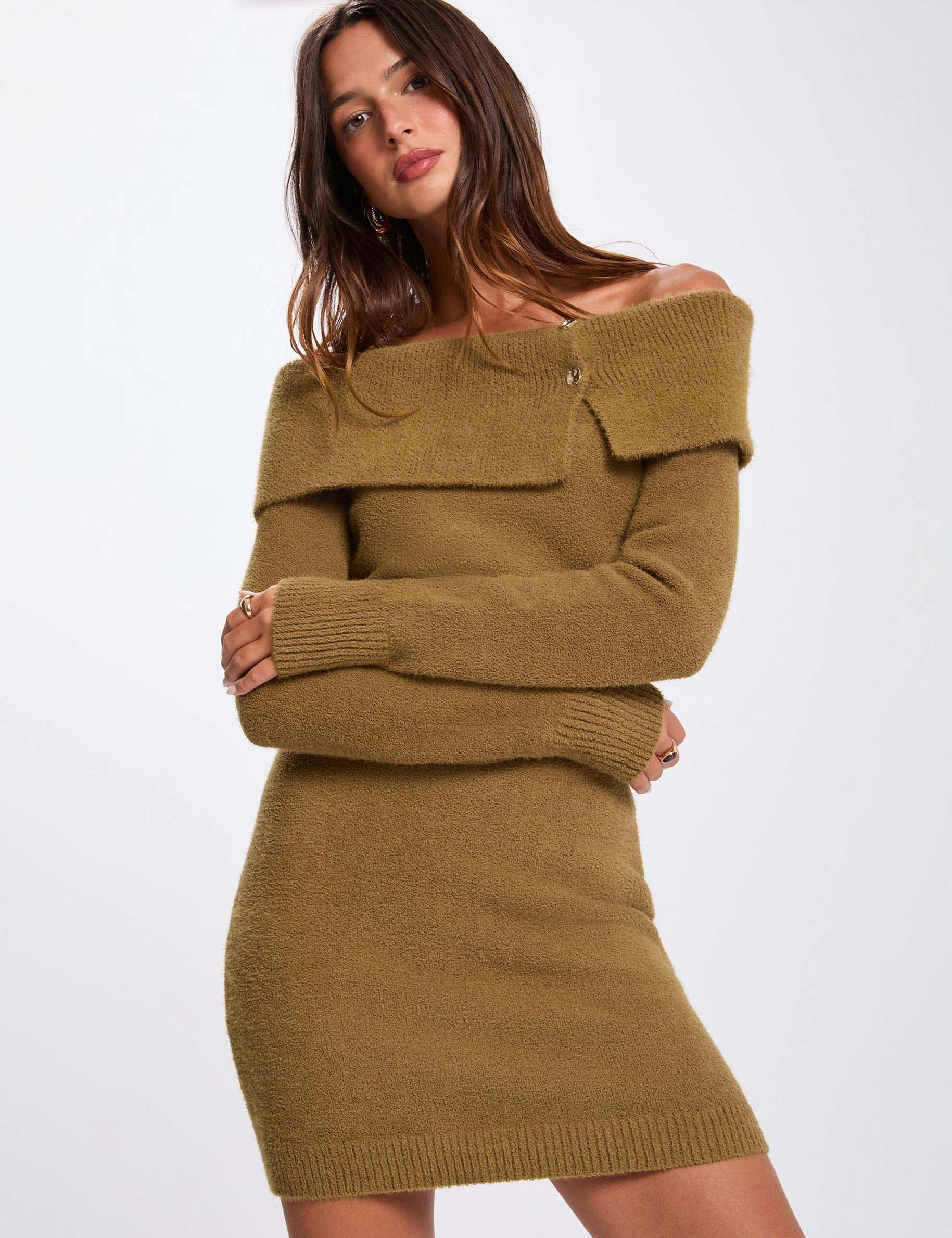 Robe tricot col bardot camel femme
