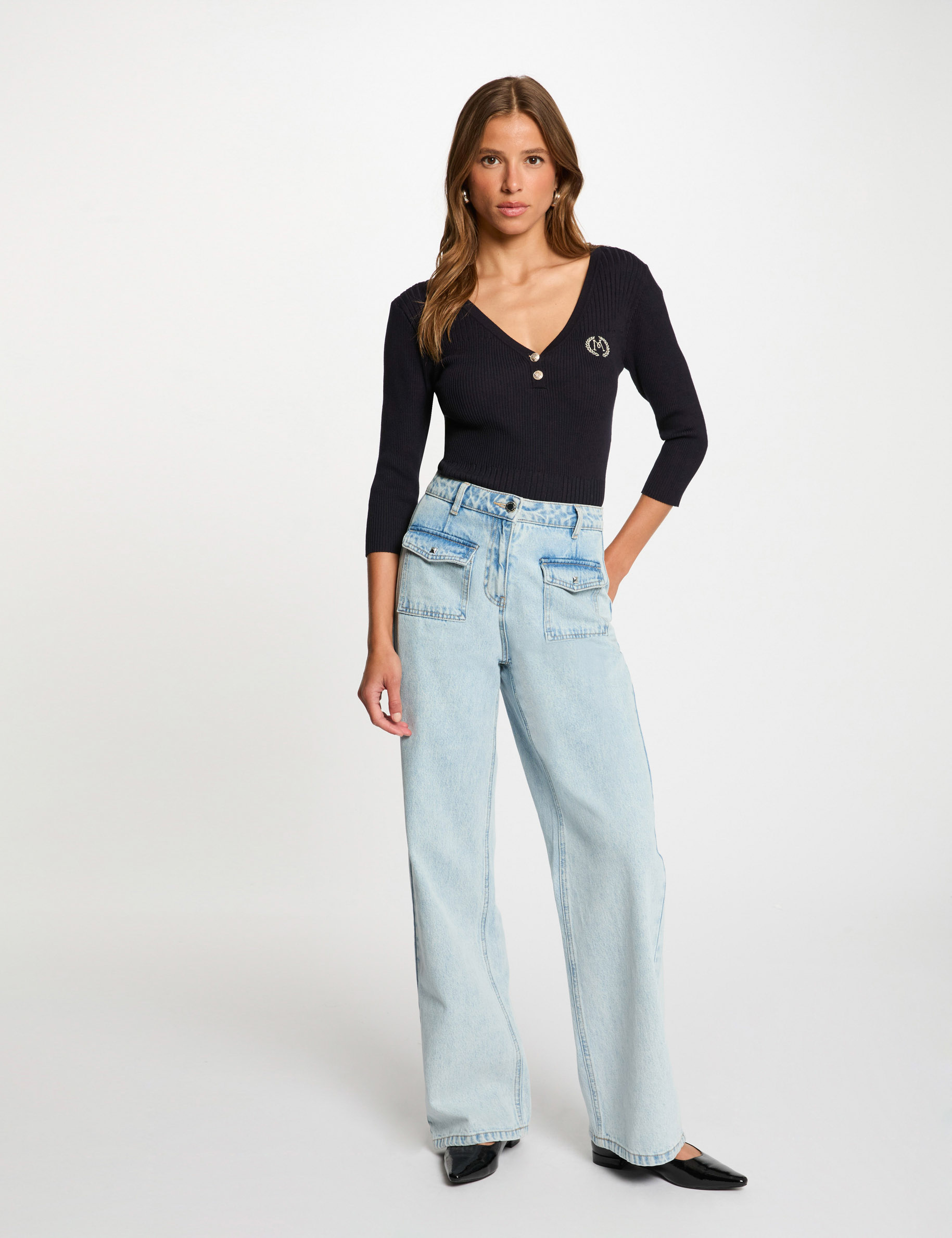 pull col en v cotele bleu marine femme Pull col en V côtelé bleu marine femme