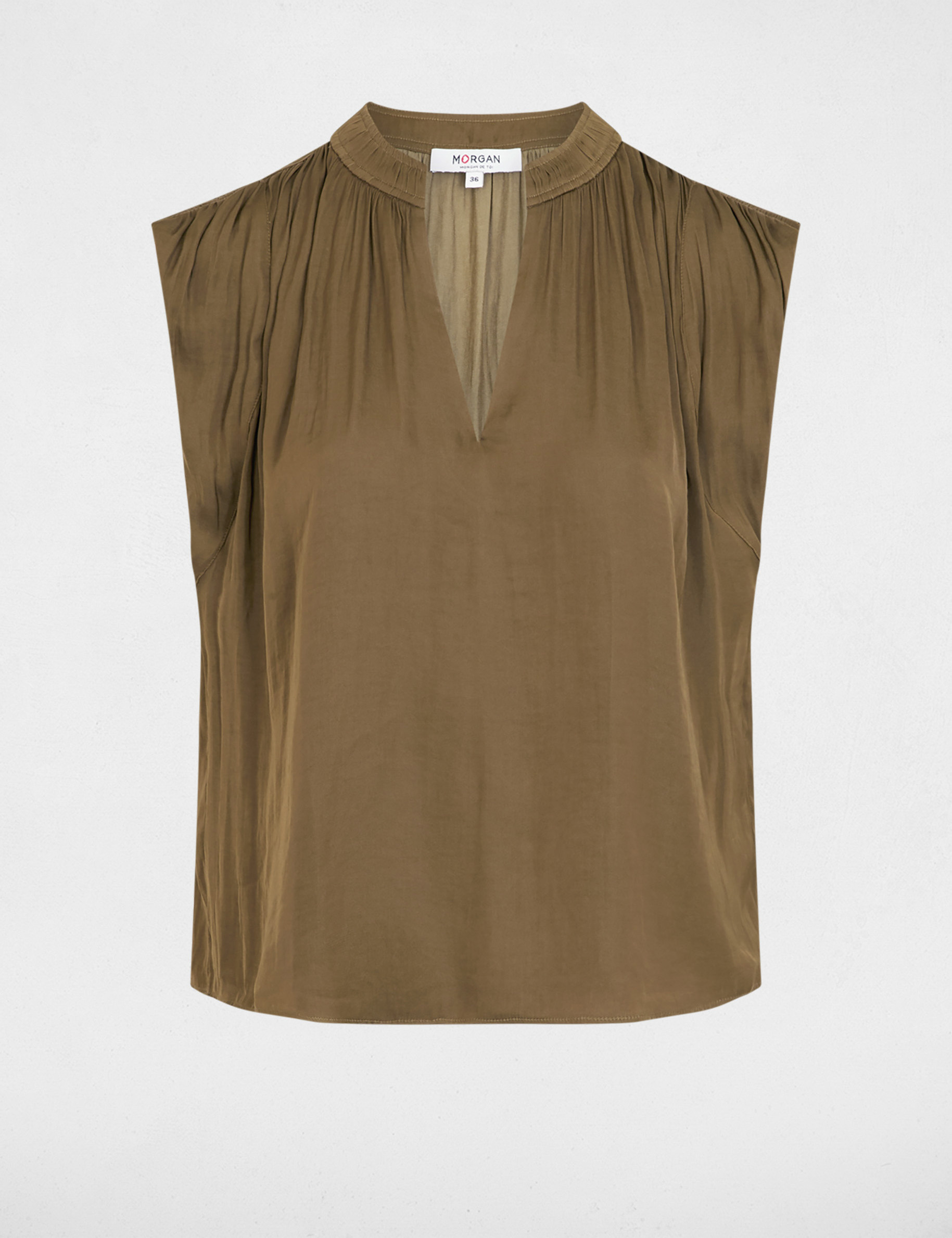 Blouse manches courtes satin vert kaki femme