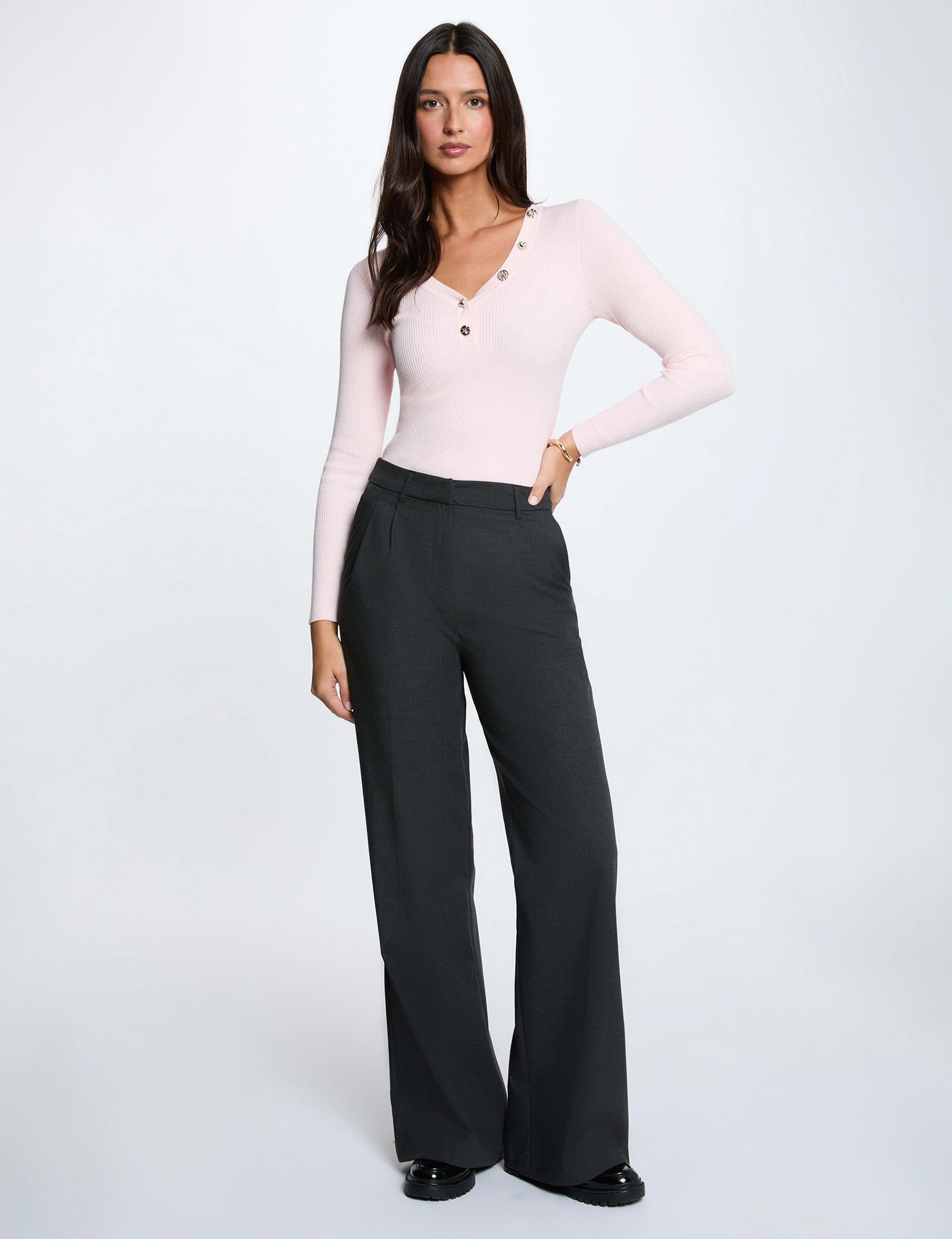Pull col v fantaisie rose clair femme