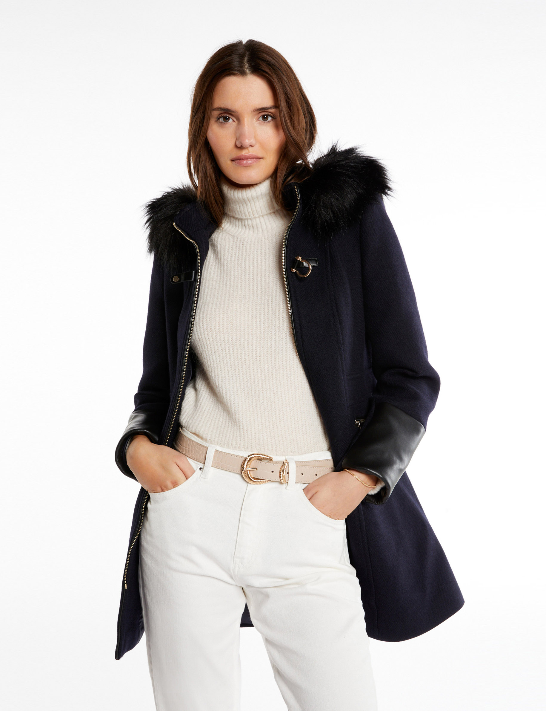 Manteau droit zippé à capuche marine femme