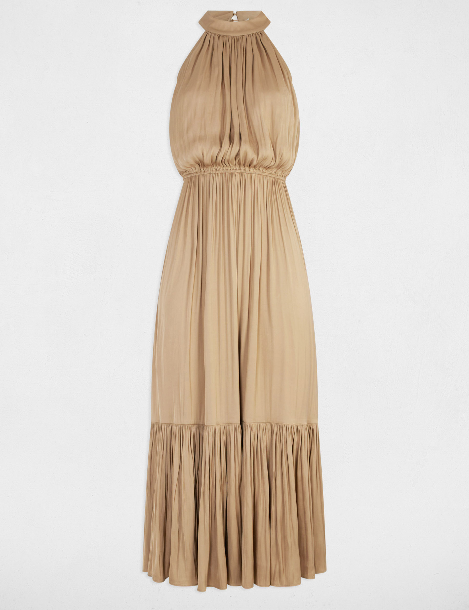 Lange jurk met opstaande kraag beige vrouw