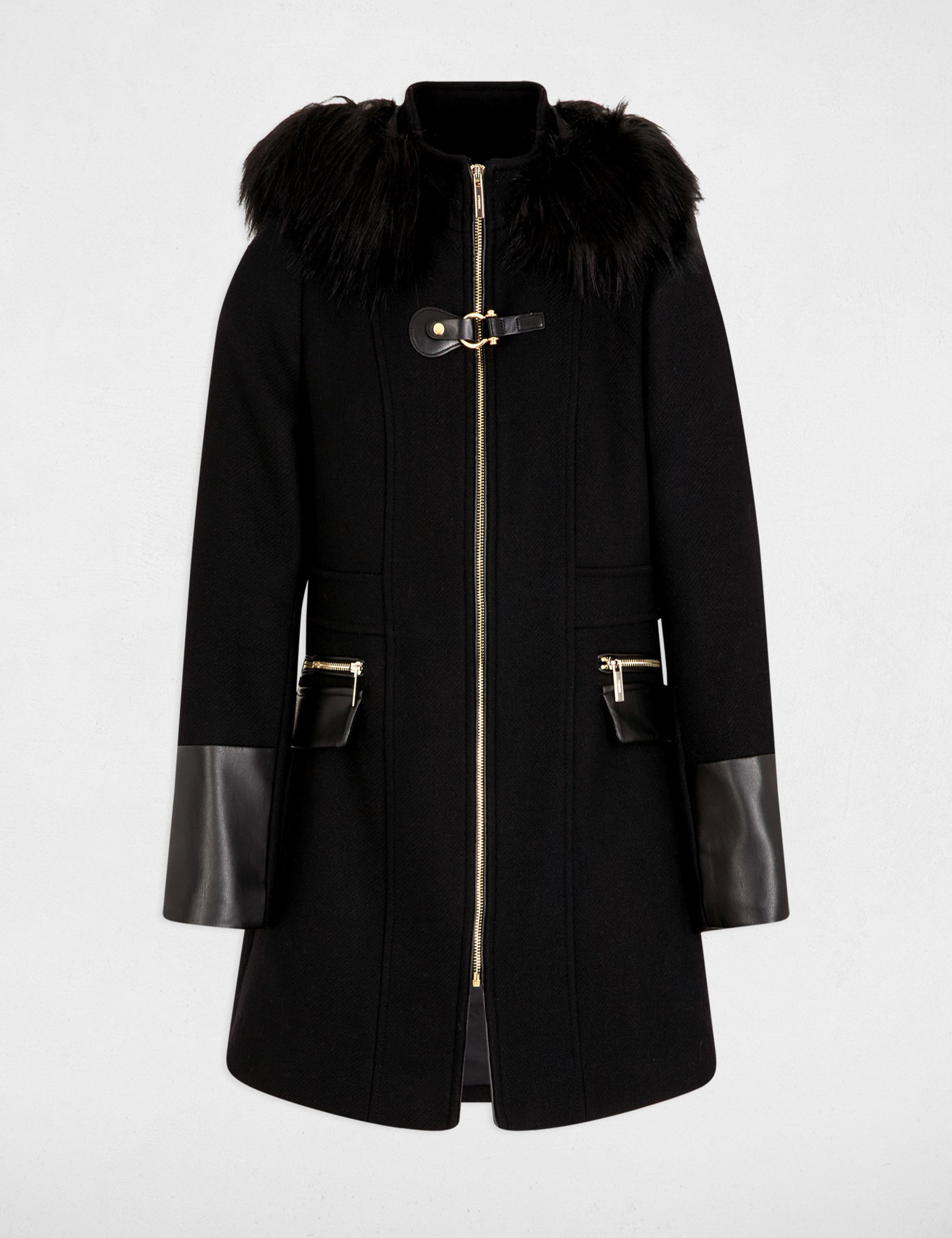 manteau droit zippe a capuche noir femme Manteau droit zippé à capuche noir femme