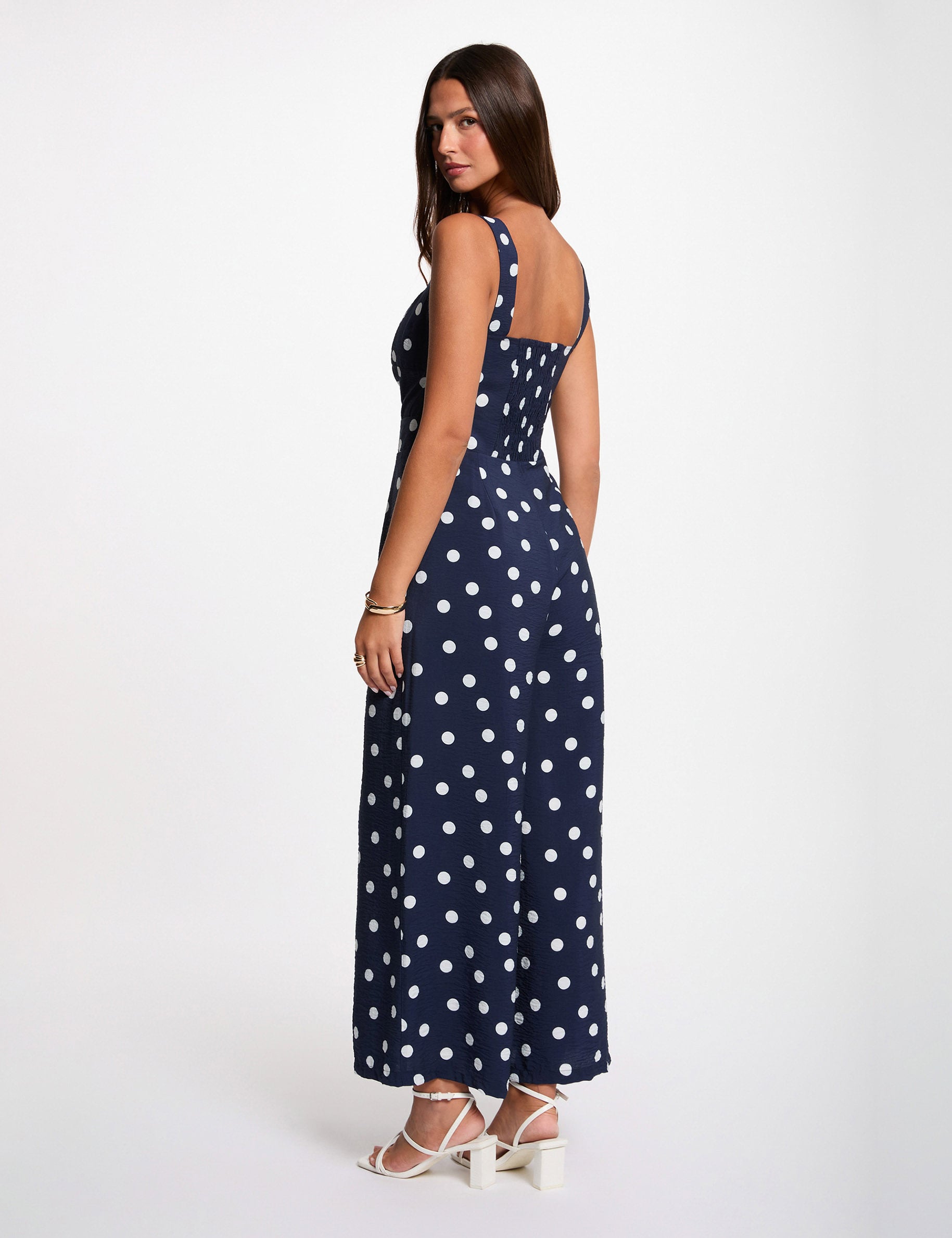 Combinaison fluide &agrave; pois bleu marine femme