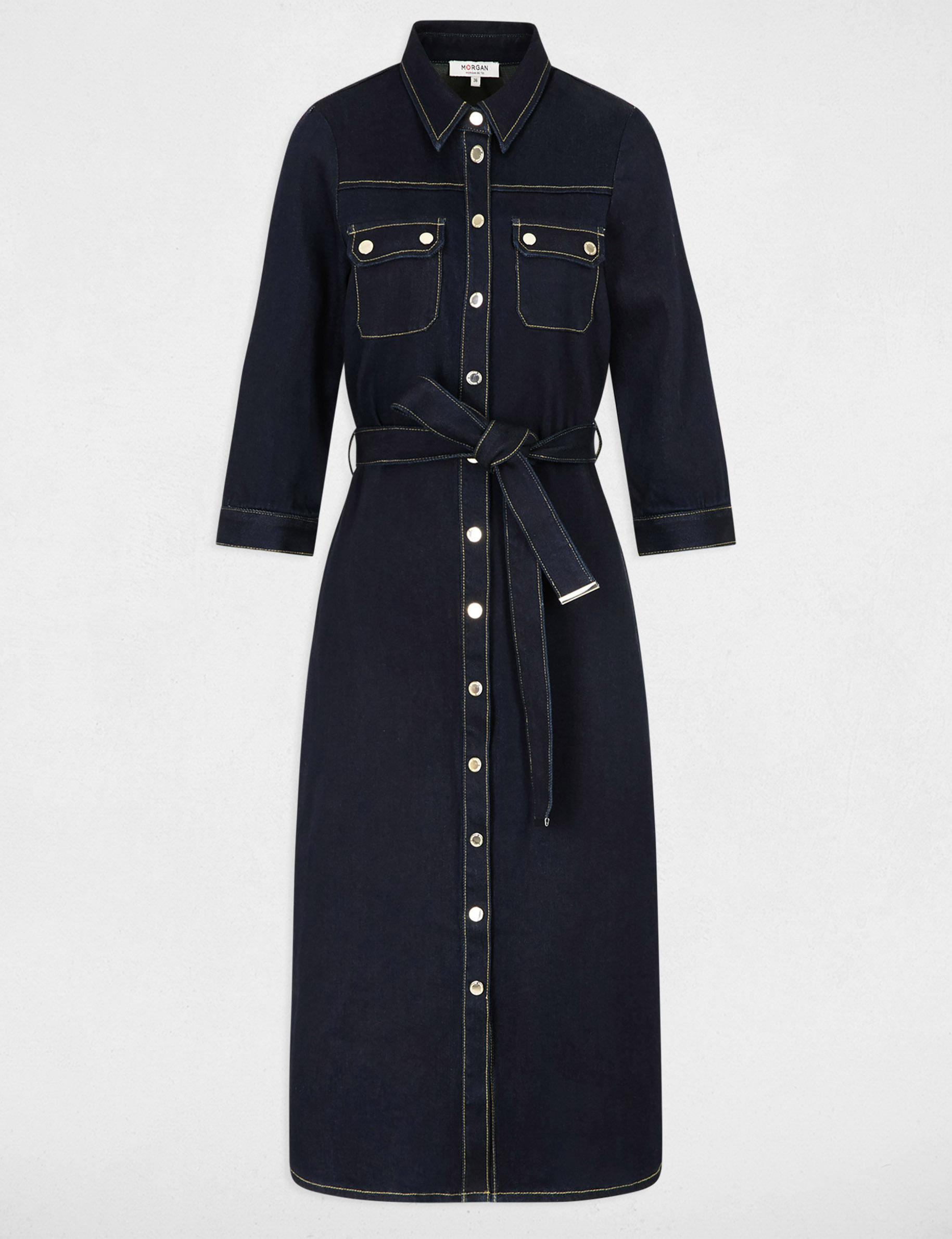 3/4 jurk met knopen ruw denim vrouw