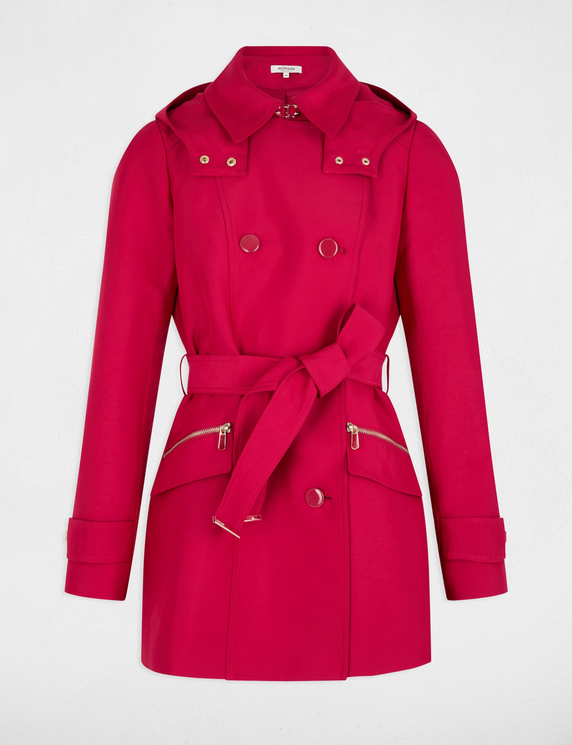trench cintre ceinture a capuche rouge femme Trench cintré ceinturé à capuche rouge femme