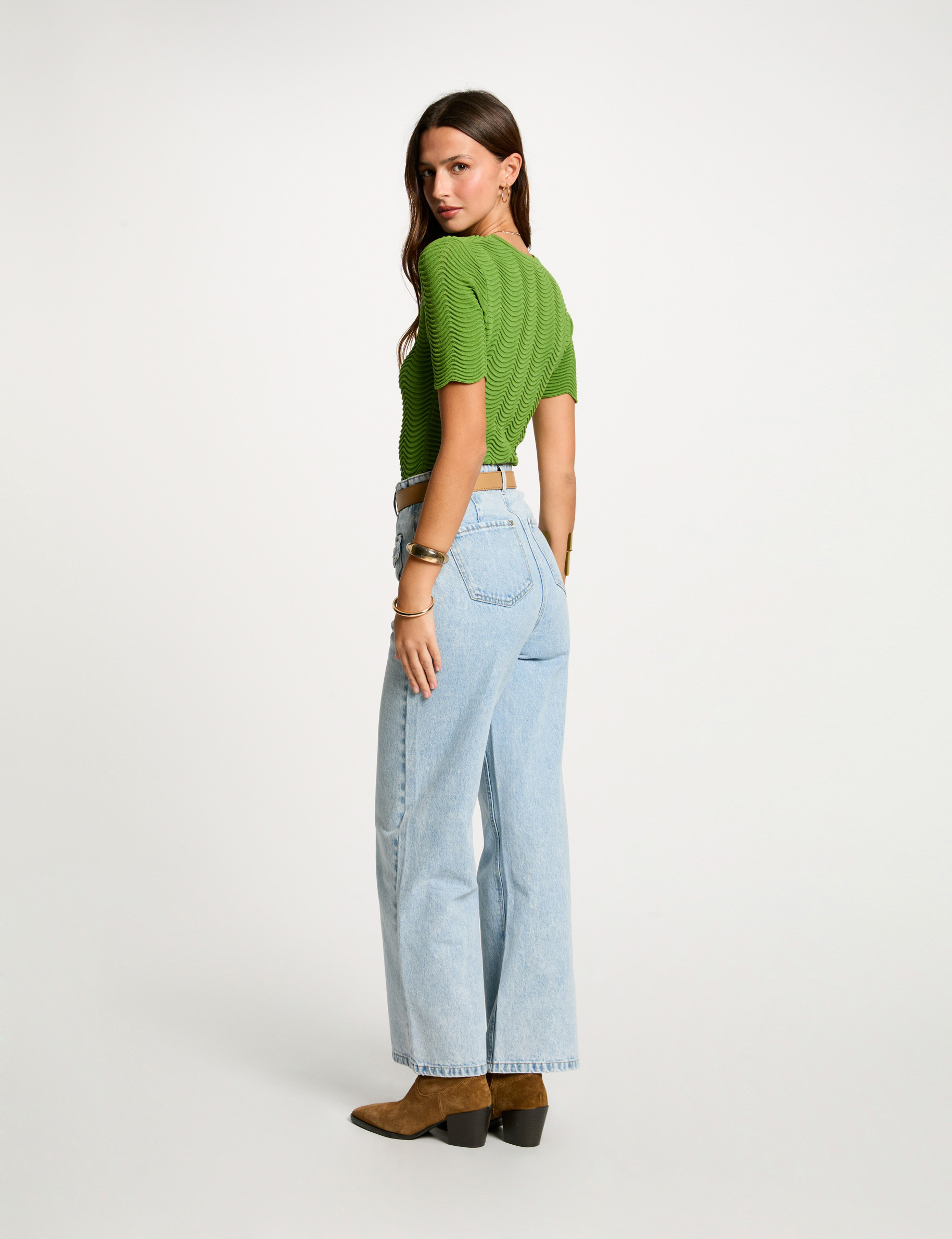 brede jeans met hoge taille gebleekt denim vrouw Brede jeans met hoge taille gebleekt denim vrouw