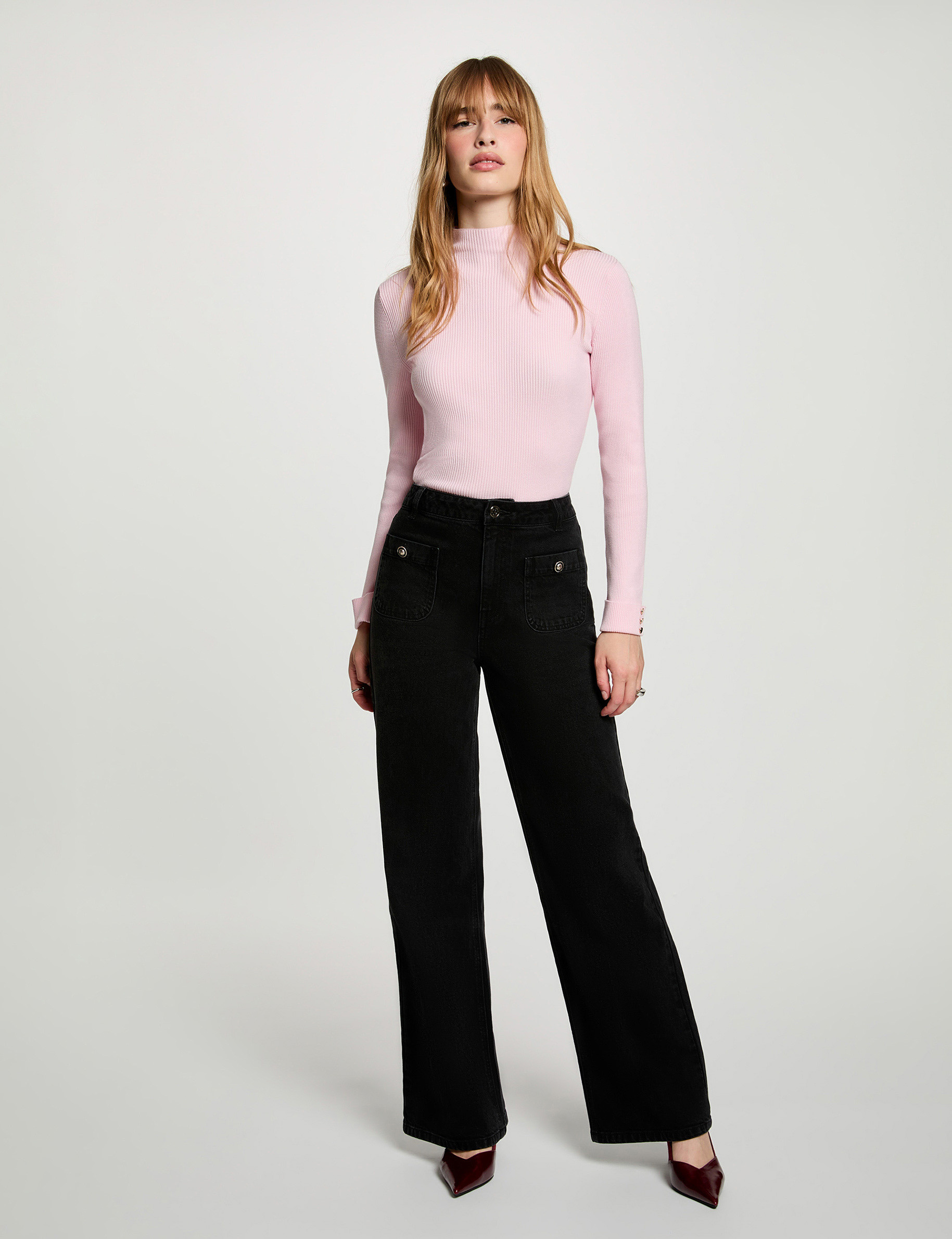 Pull col montant rose pastel femme