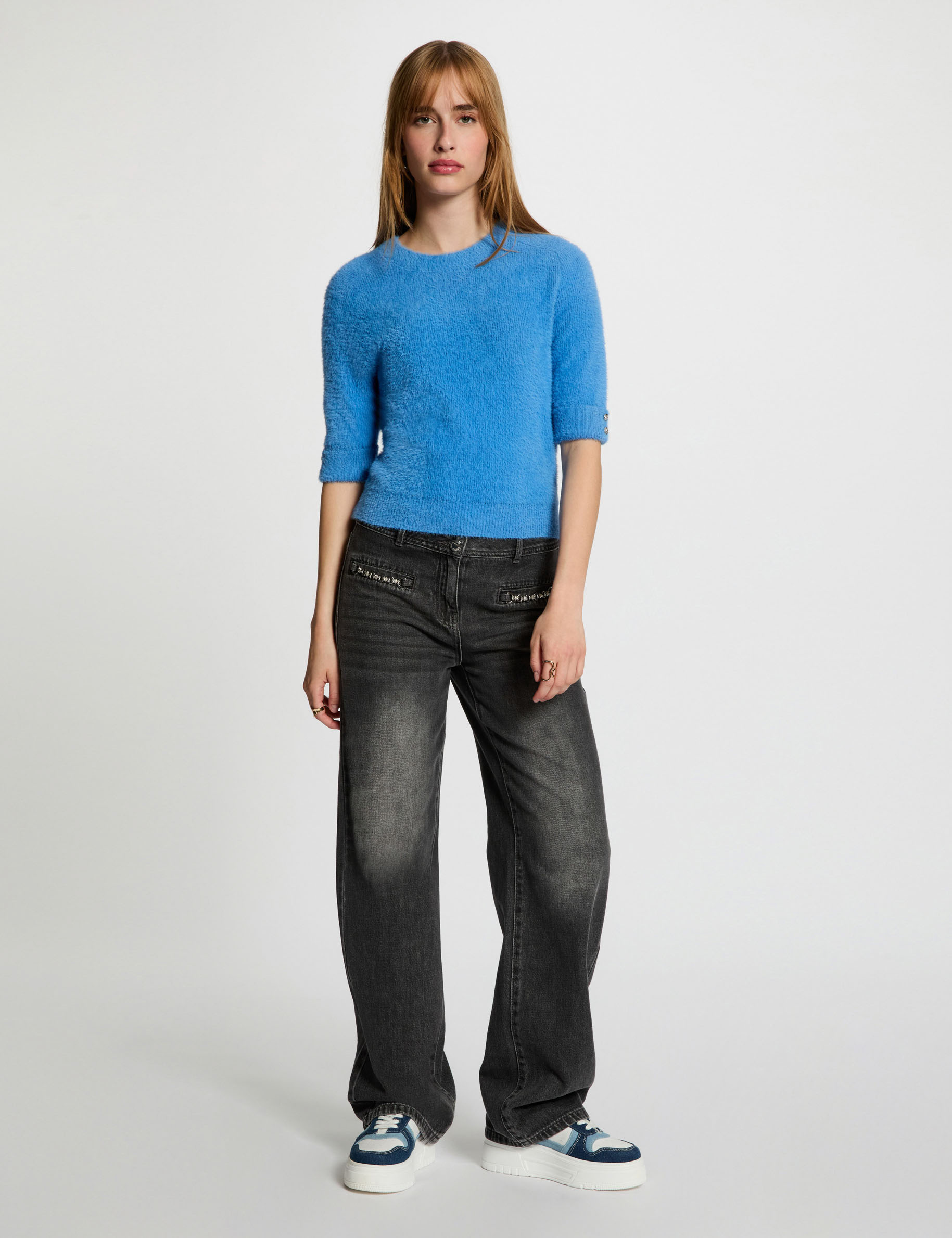 Pull manches courtes bleu femme