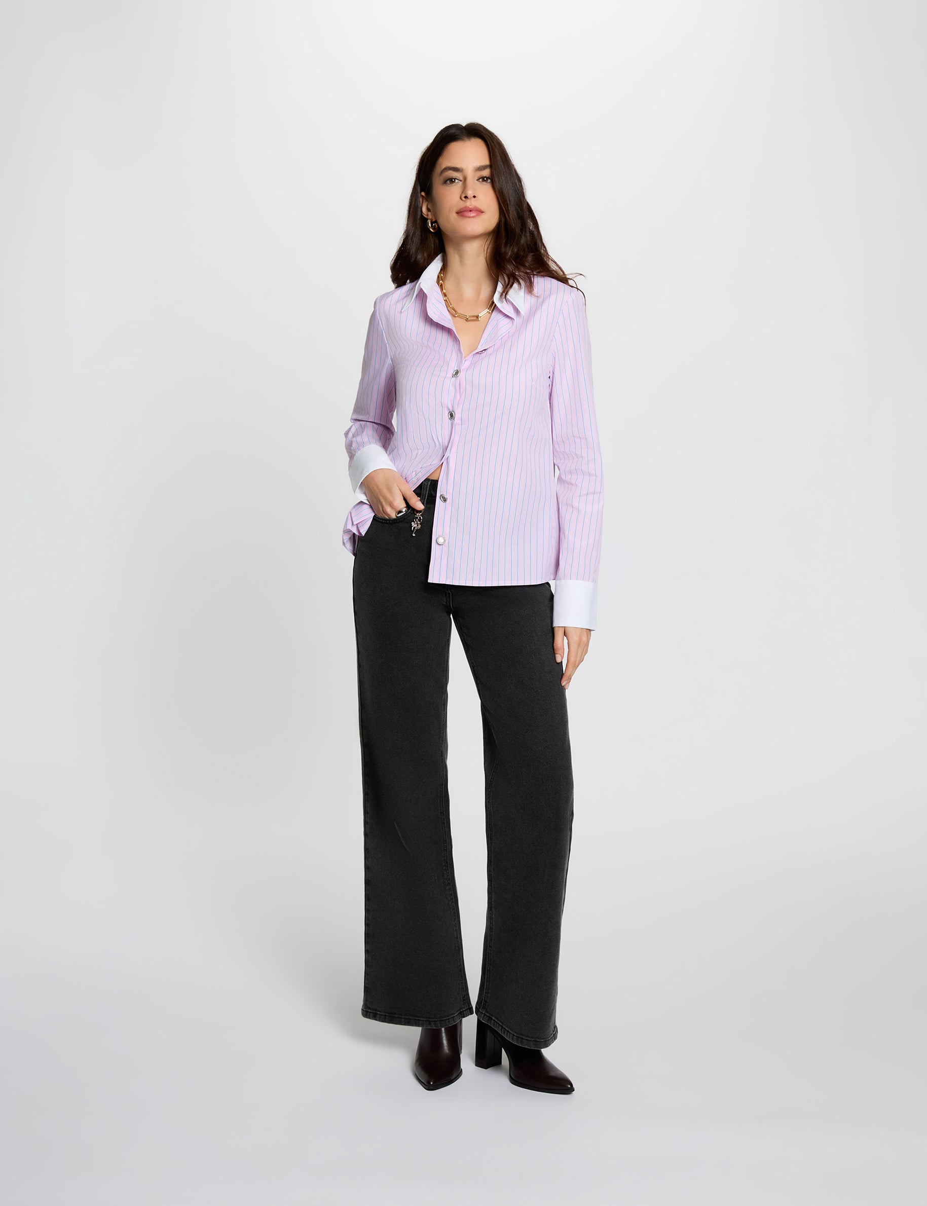 Chemise manches longues ray&eacute;e rose femme