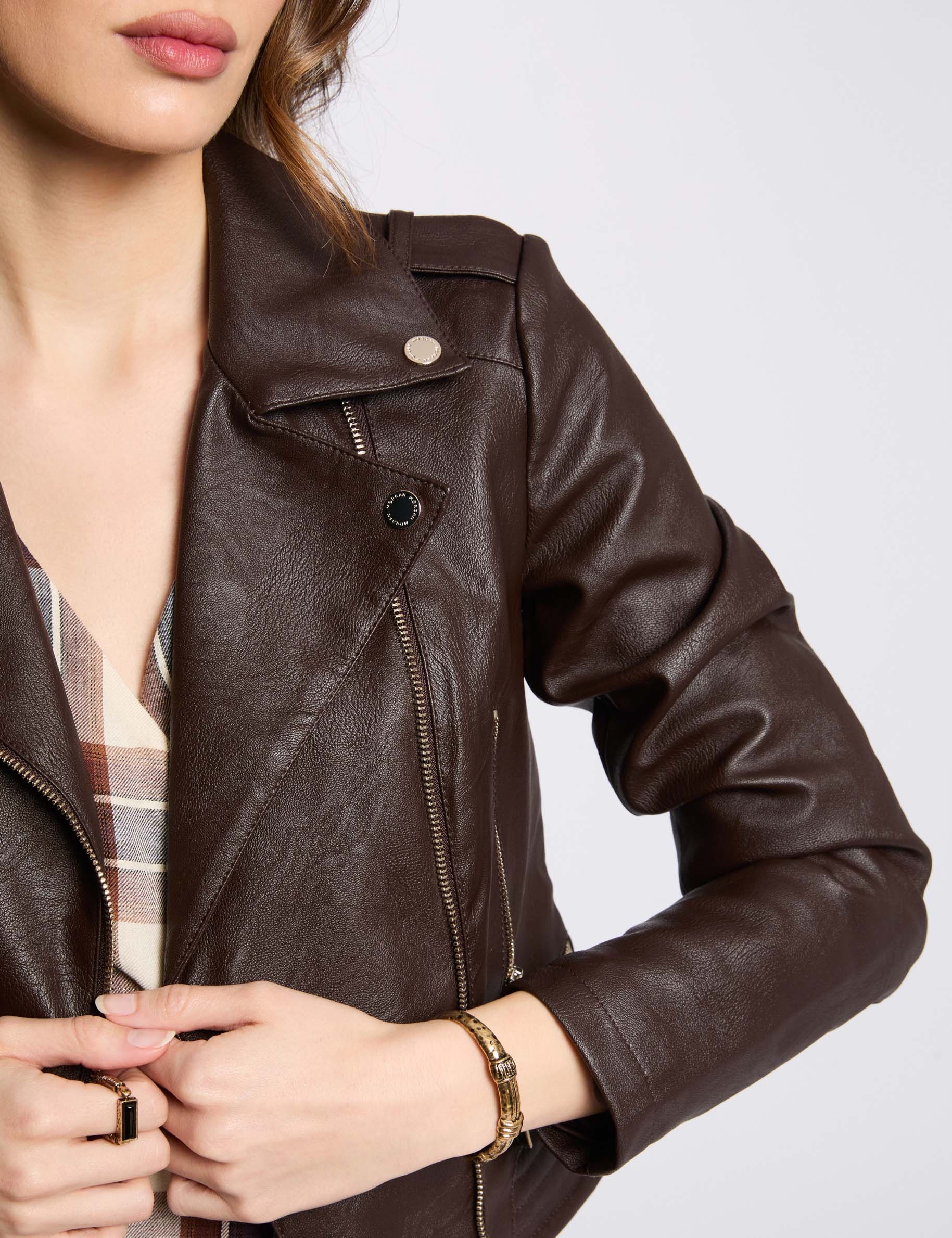Blouson droit avec col cranté à revers marron foncé femme