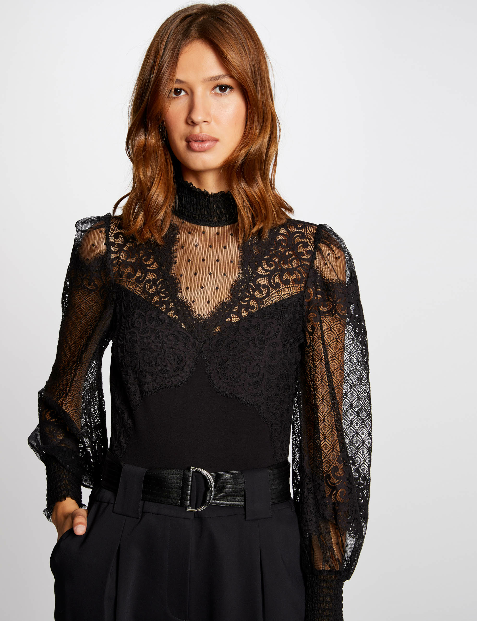 Body manches longues &agrave; dentelle noir femme