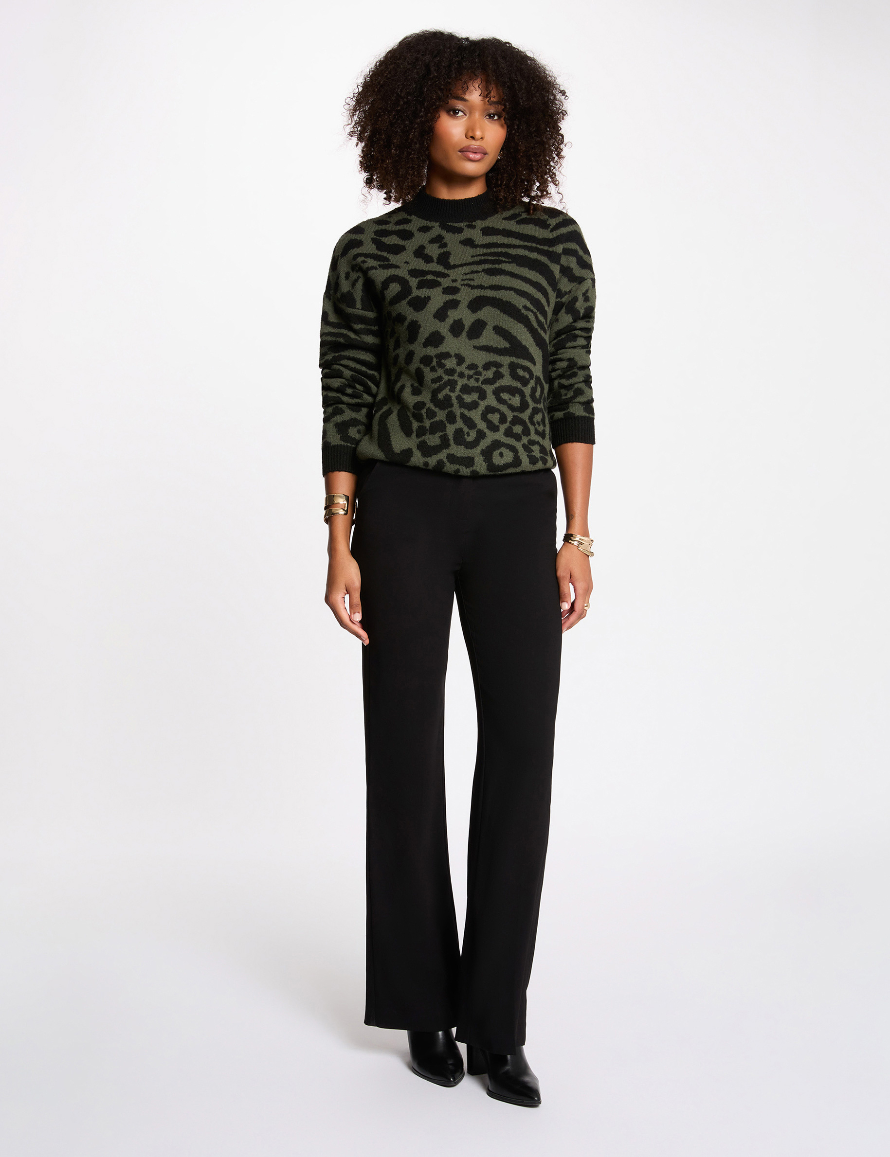 Pull court jacquard vert kaki femme