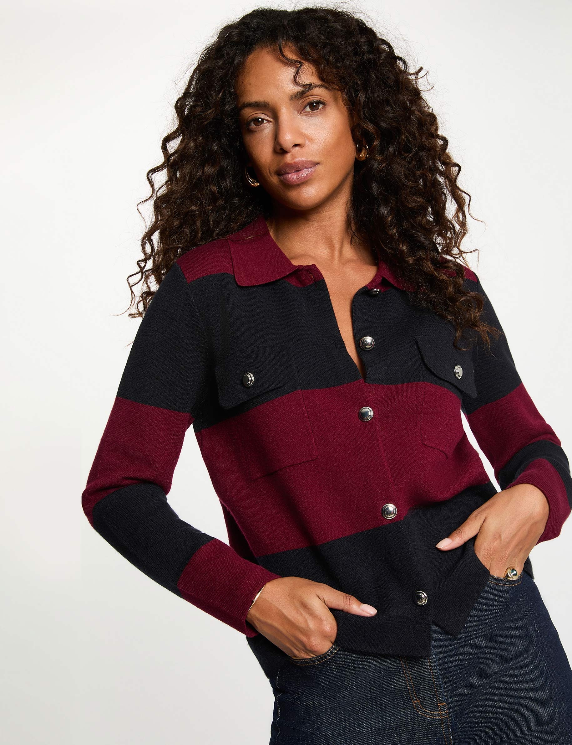 Pull col revers ray&eacute; bordeaux femme