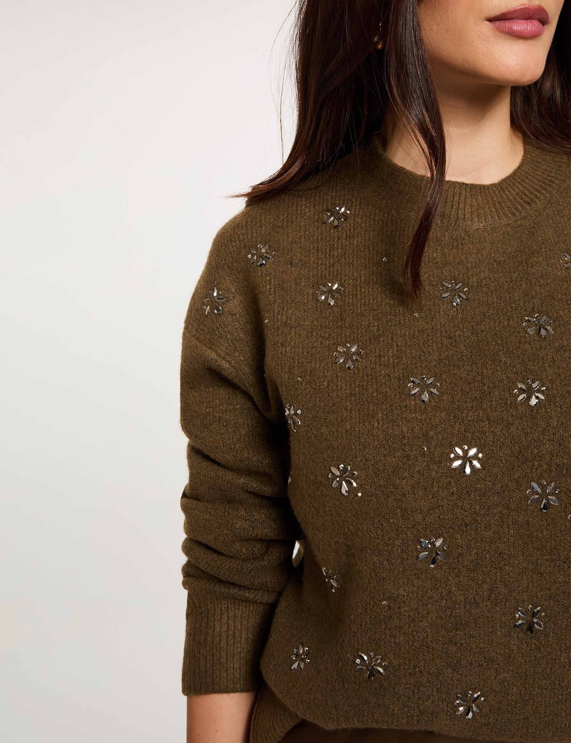 Pull &eacute;pais col rond vert kaki femme