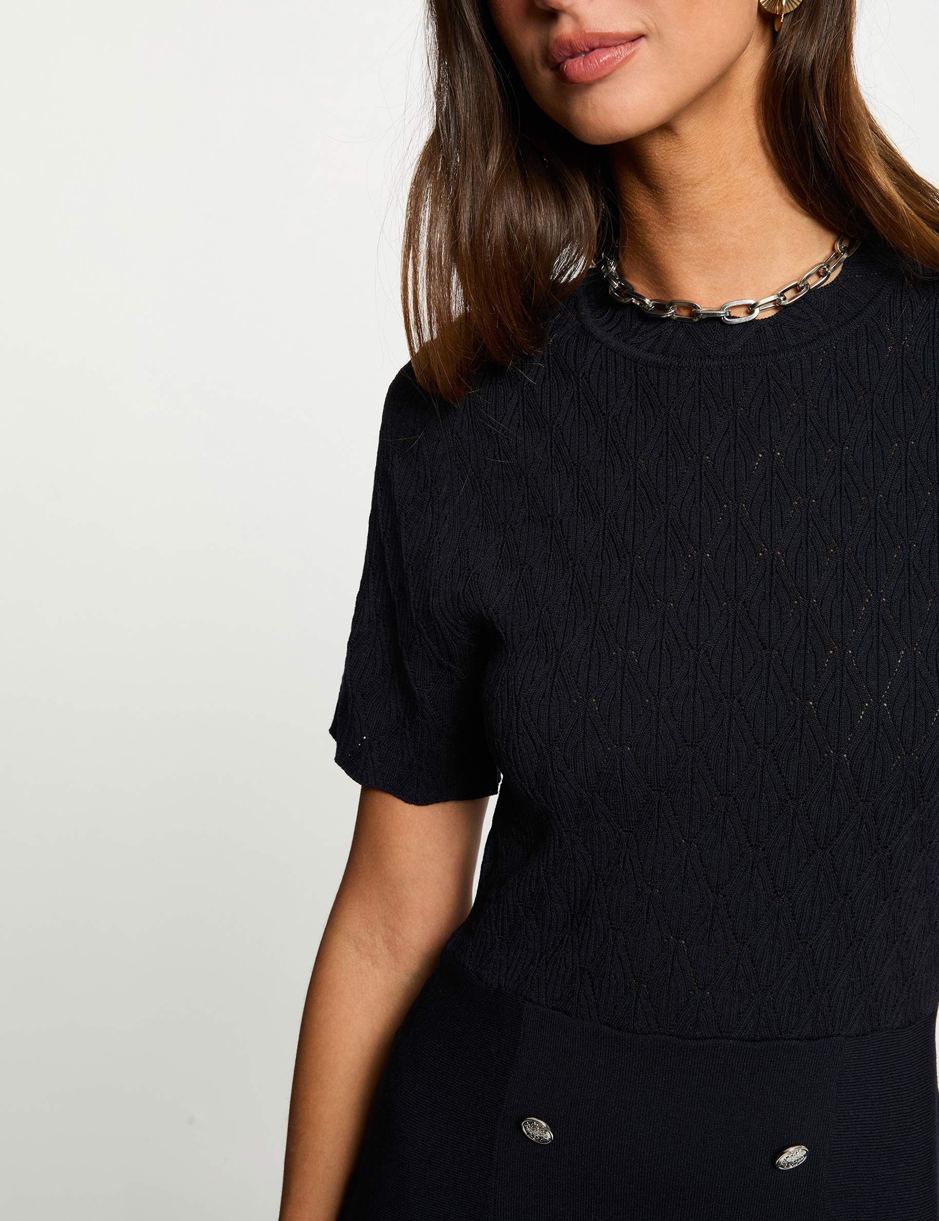 Robe tricot courte col rond bleu marine femme