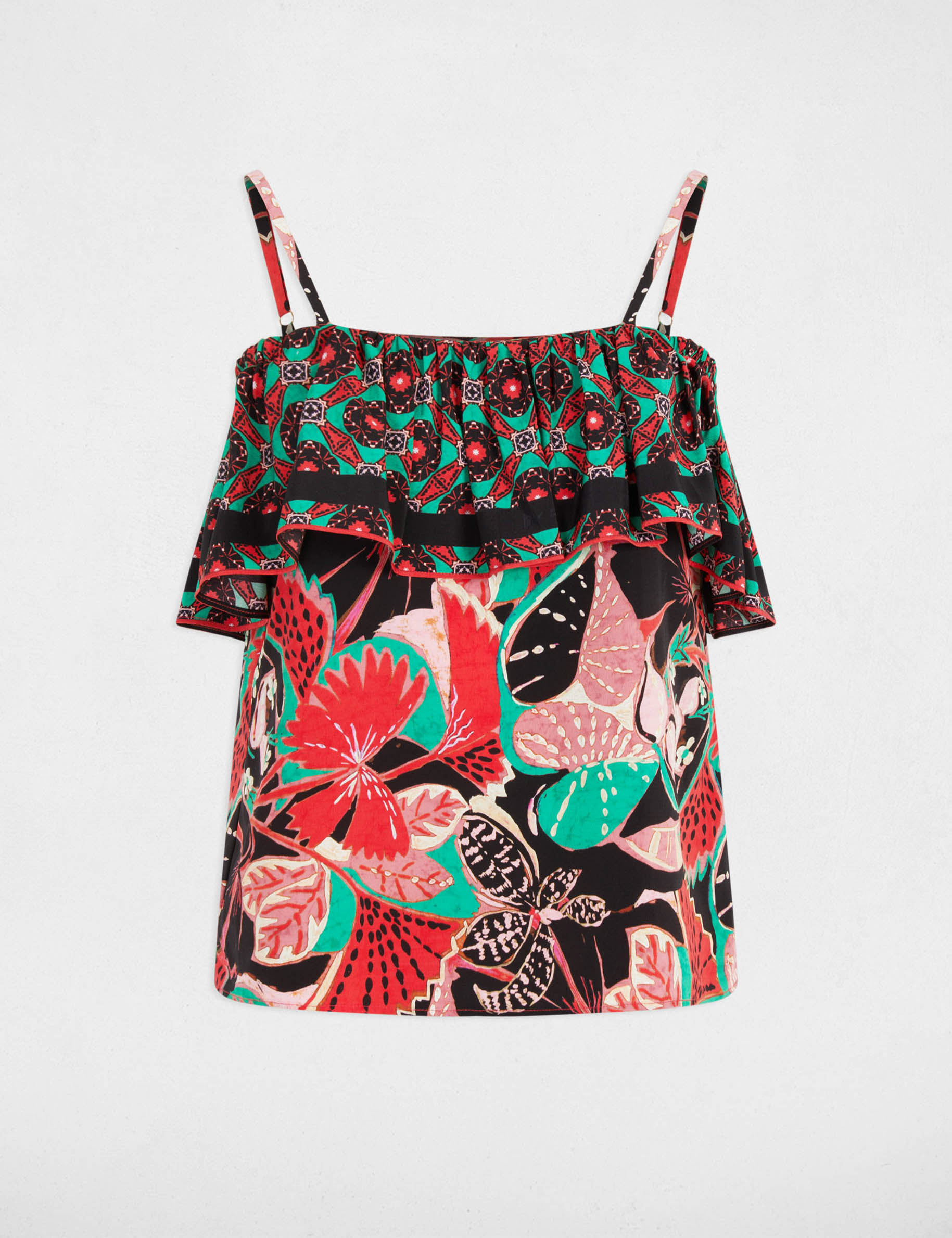 top met print en ruches meerkleurig vrouw Top met print en ruches meerkleurig vrouw