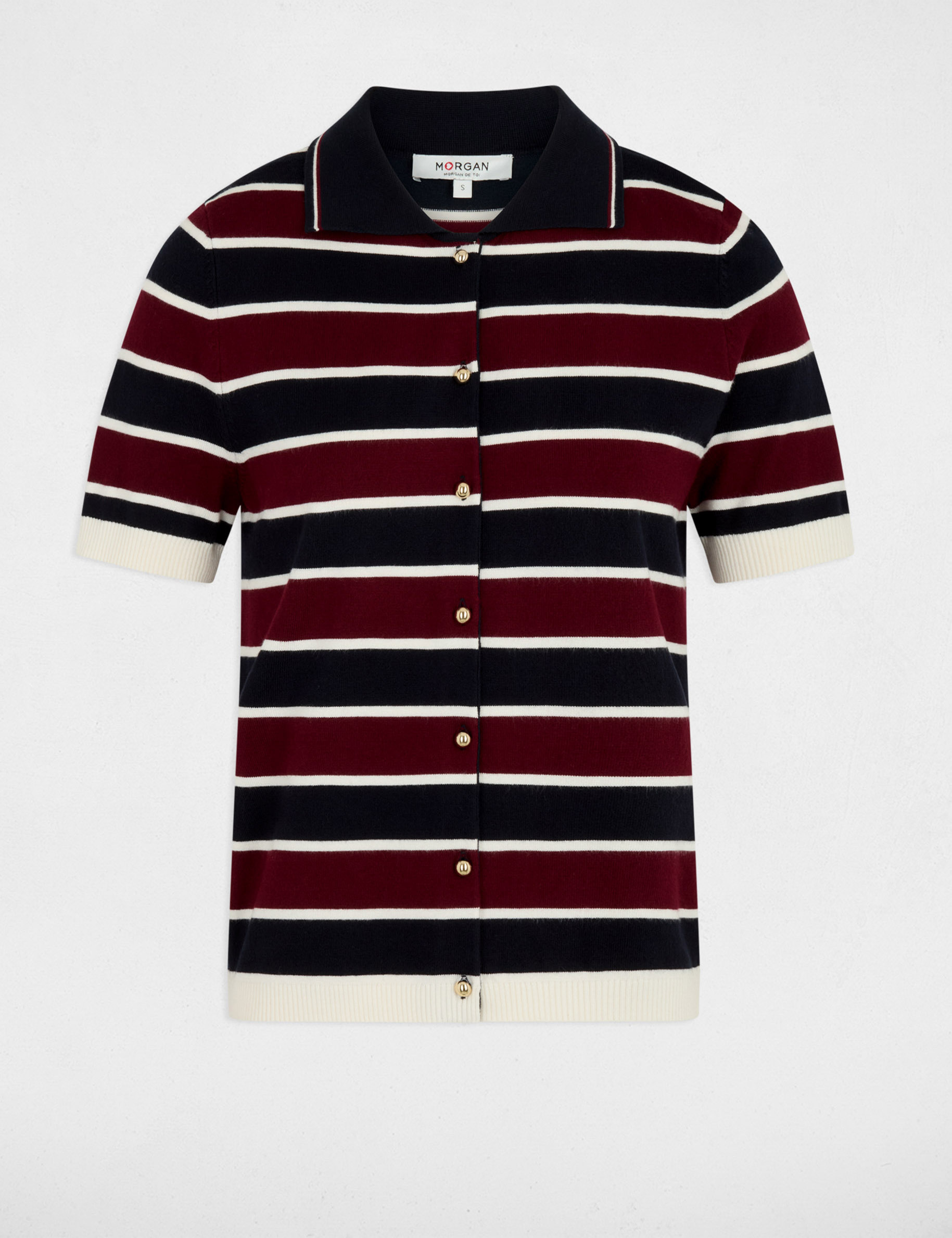 Pull col polo ray&eacute; bordeaux femme