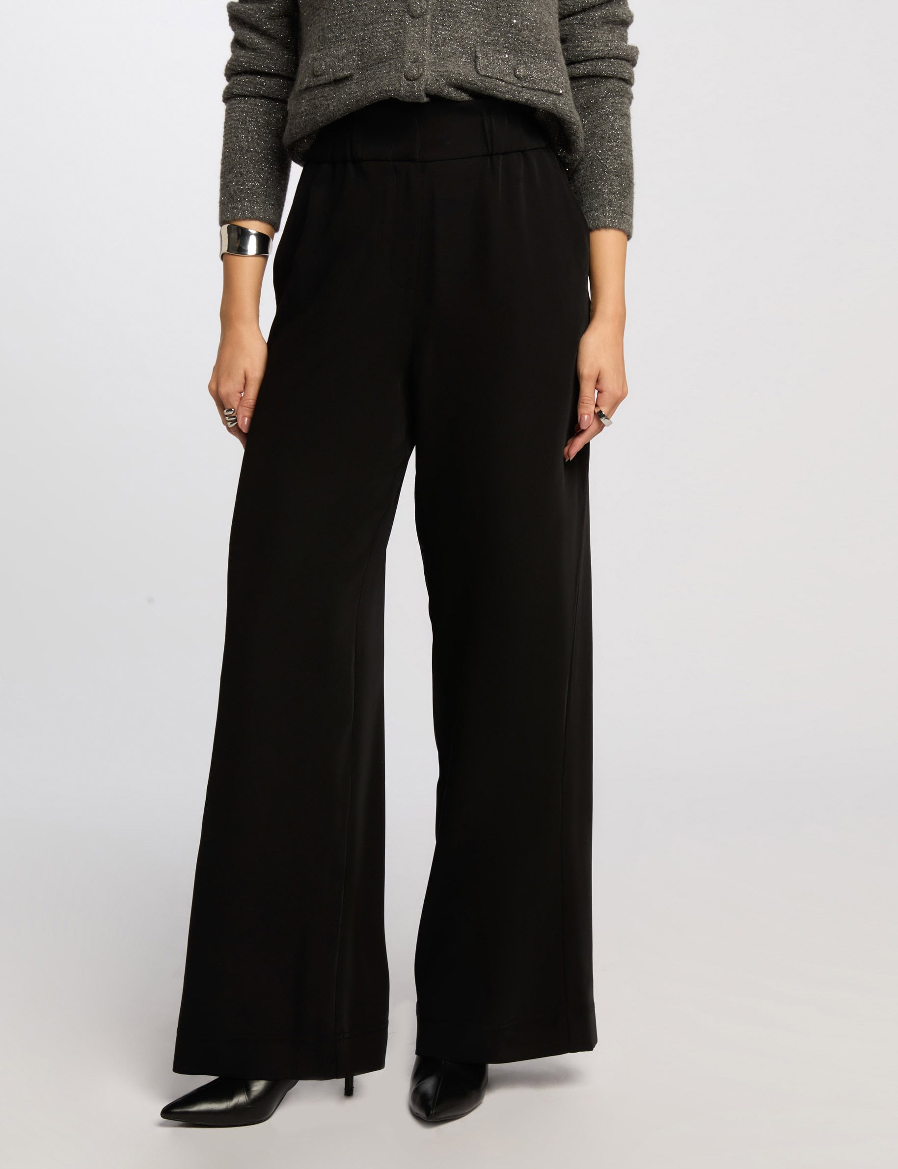 Pantalon large taille haute noir femme
