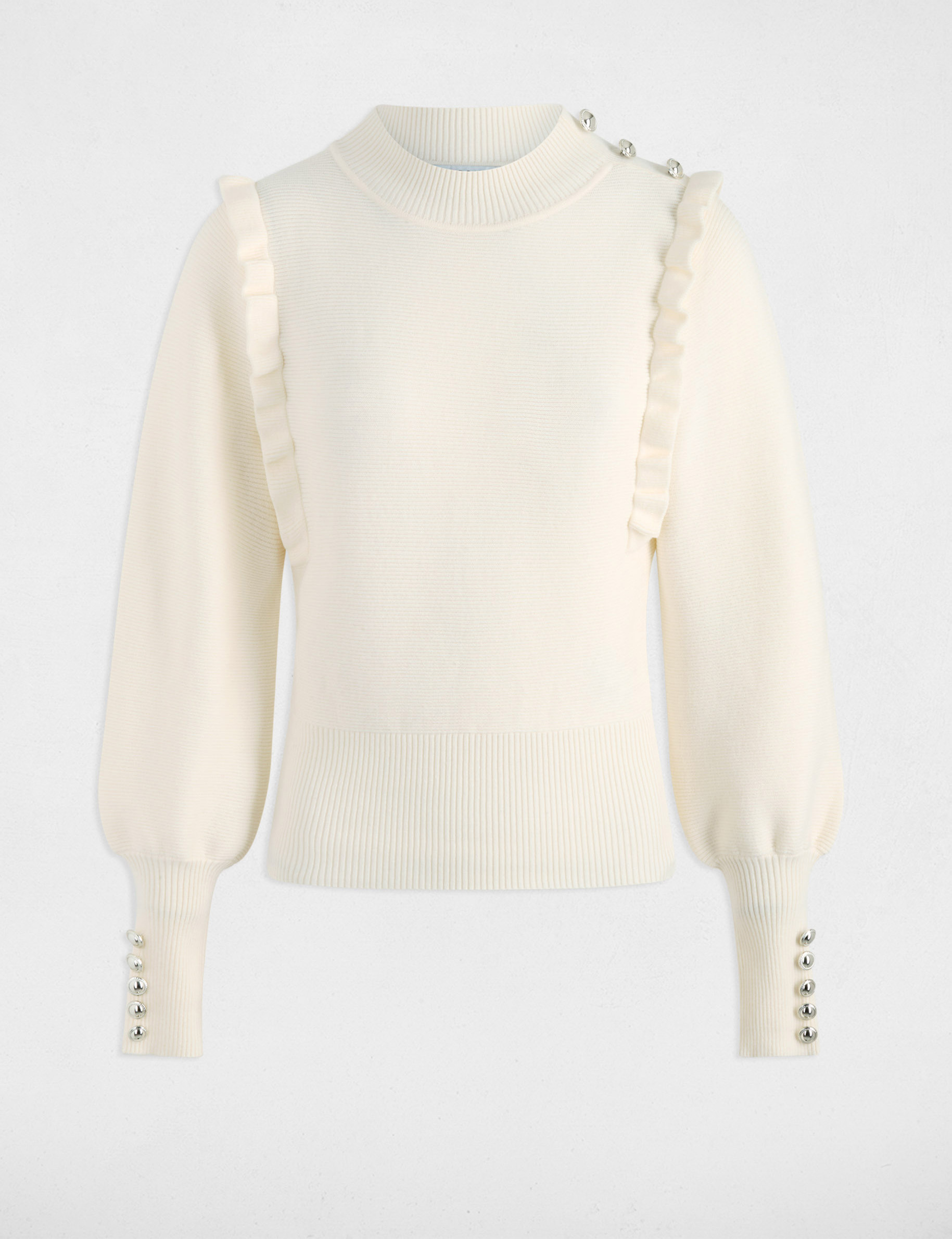 Pull manches longues avec volants ivoire femme