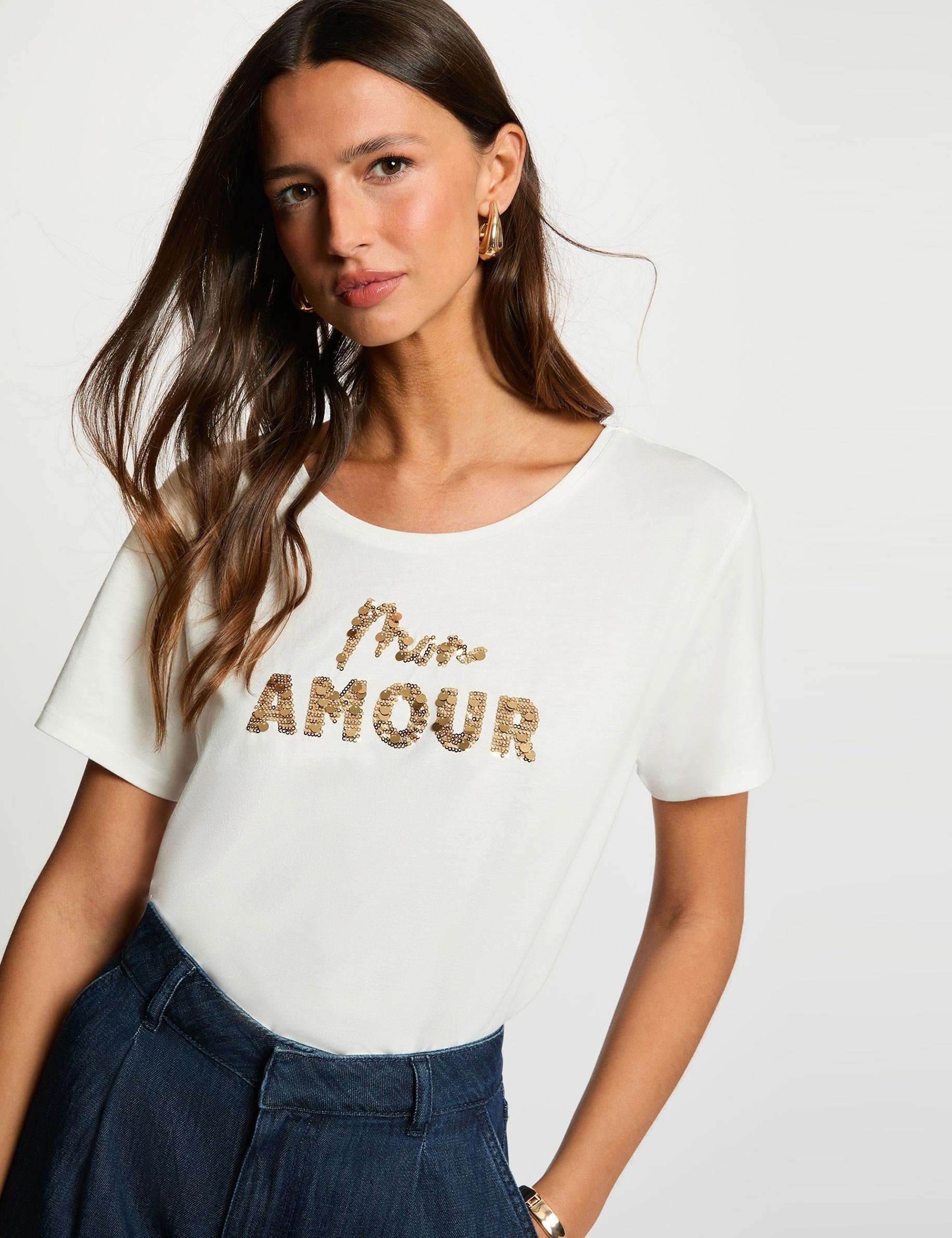 t shirt met pailletten helder wit vrouw T-shirt met pailletten helder wit vrouw