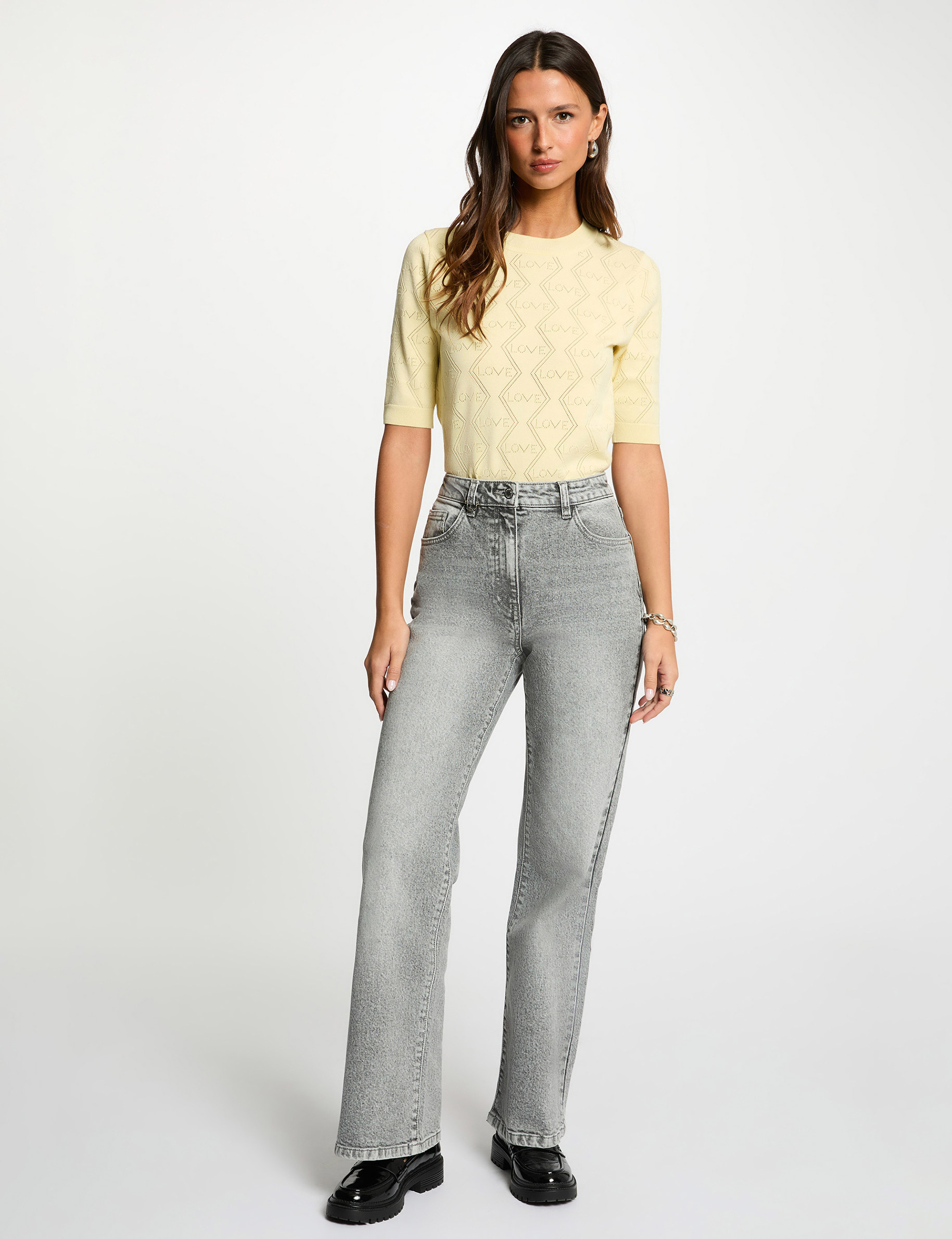 Pull ajour&eacute; manches 3/4 jaune pastel femme