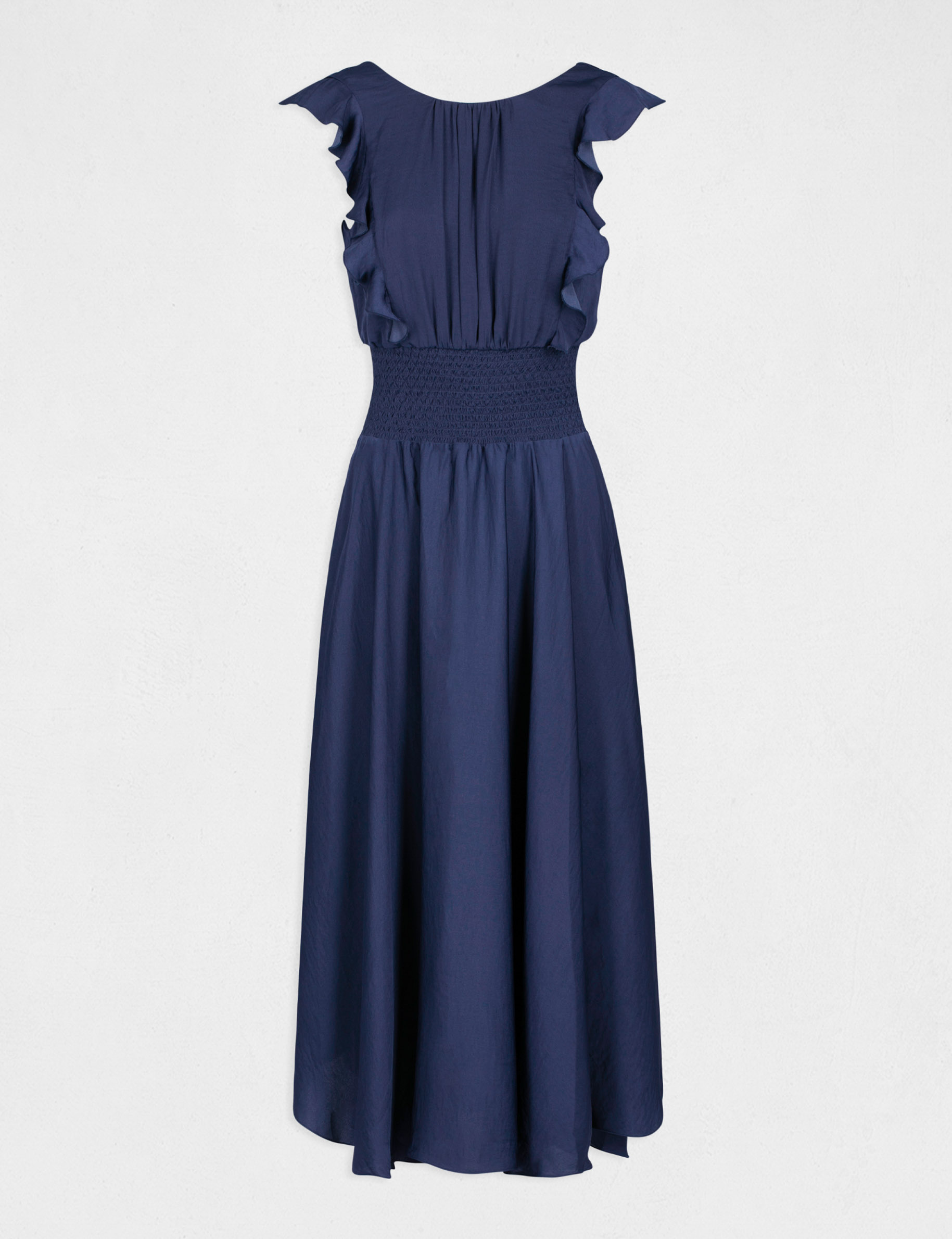robe longue evasee a taille smockee indigo femme Robe longue évasée à taille smockée indigo femme