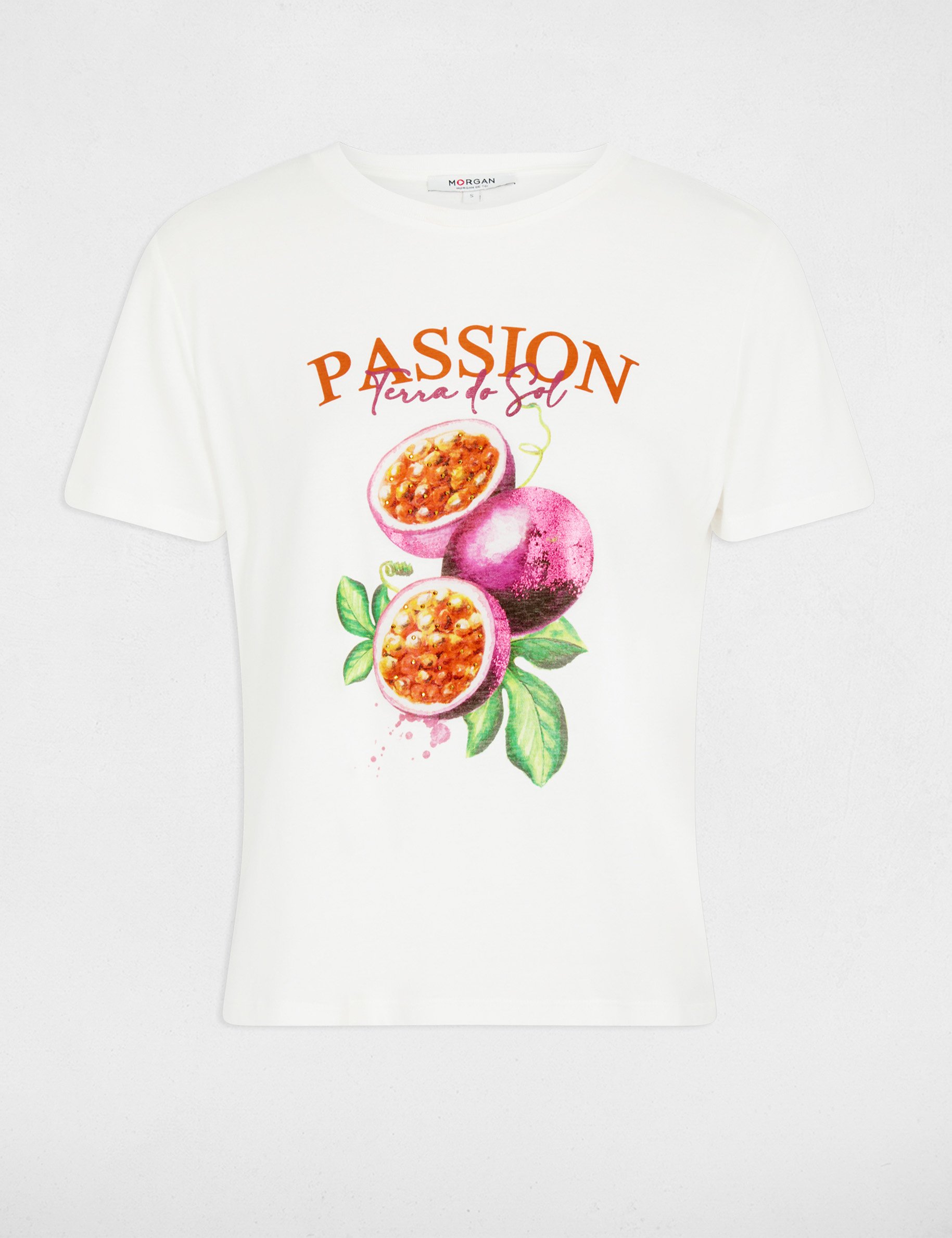 T-shirt imprim&eacute; col rond blanc femme