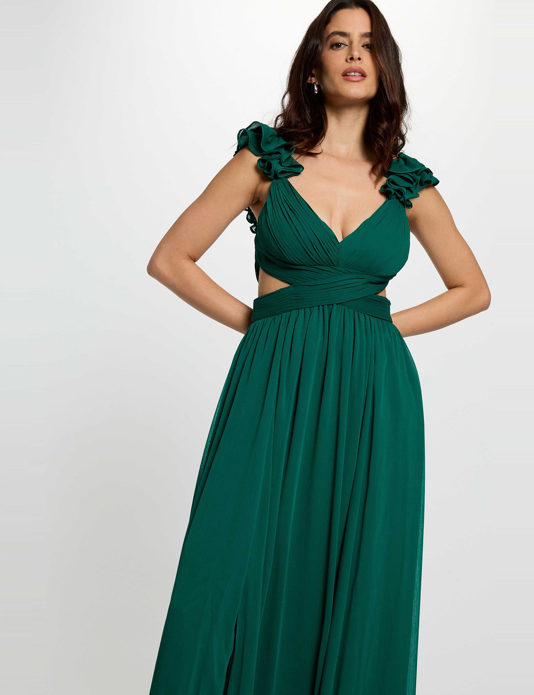 Robe longue droite fluide vert femme