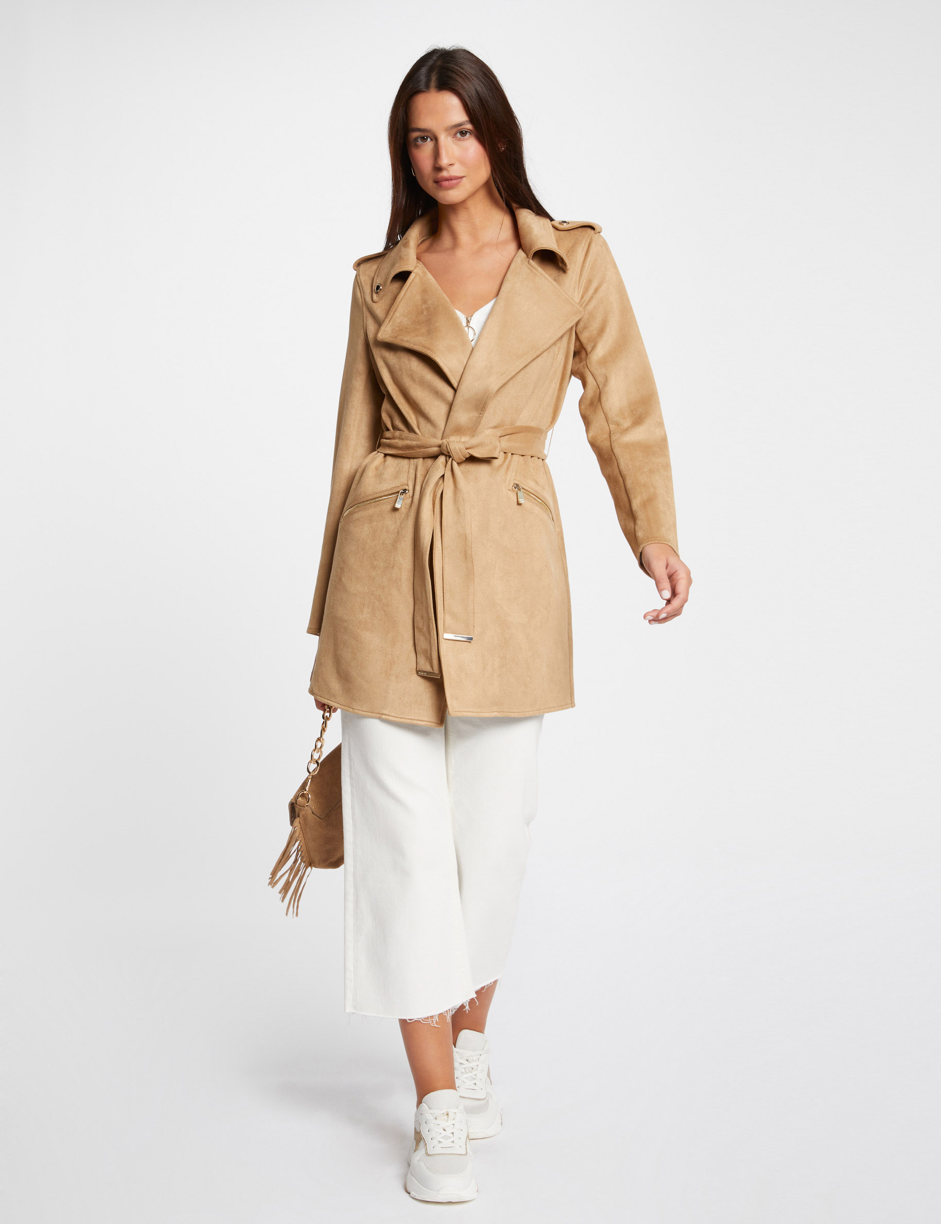 manteau long ceinture suedine beige femme Manteau long ceinturé suédine beige femme