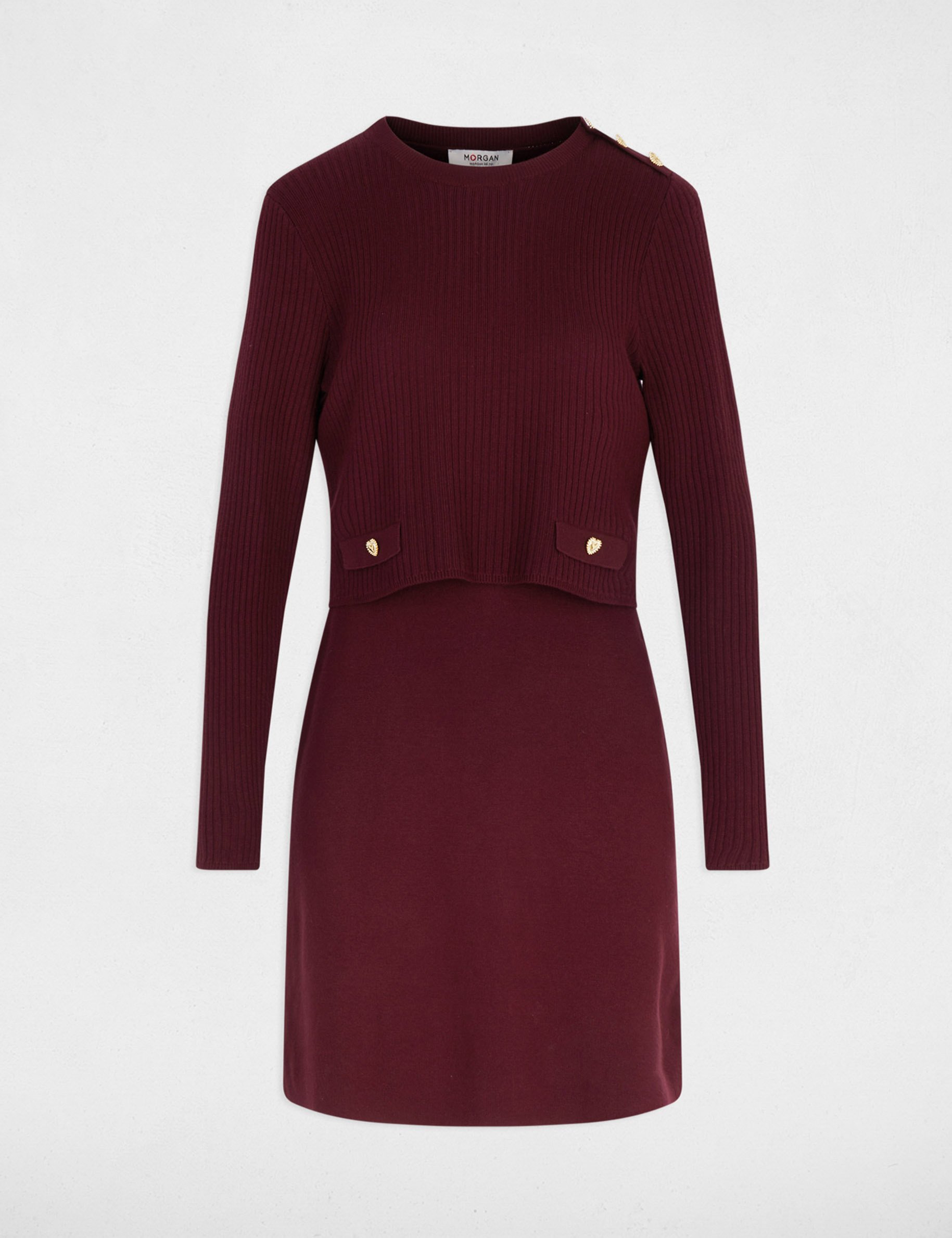 Robe tricot courte effet 2-en-1 prune femme