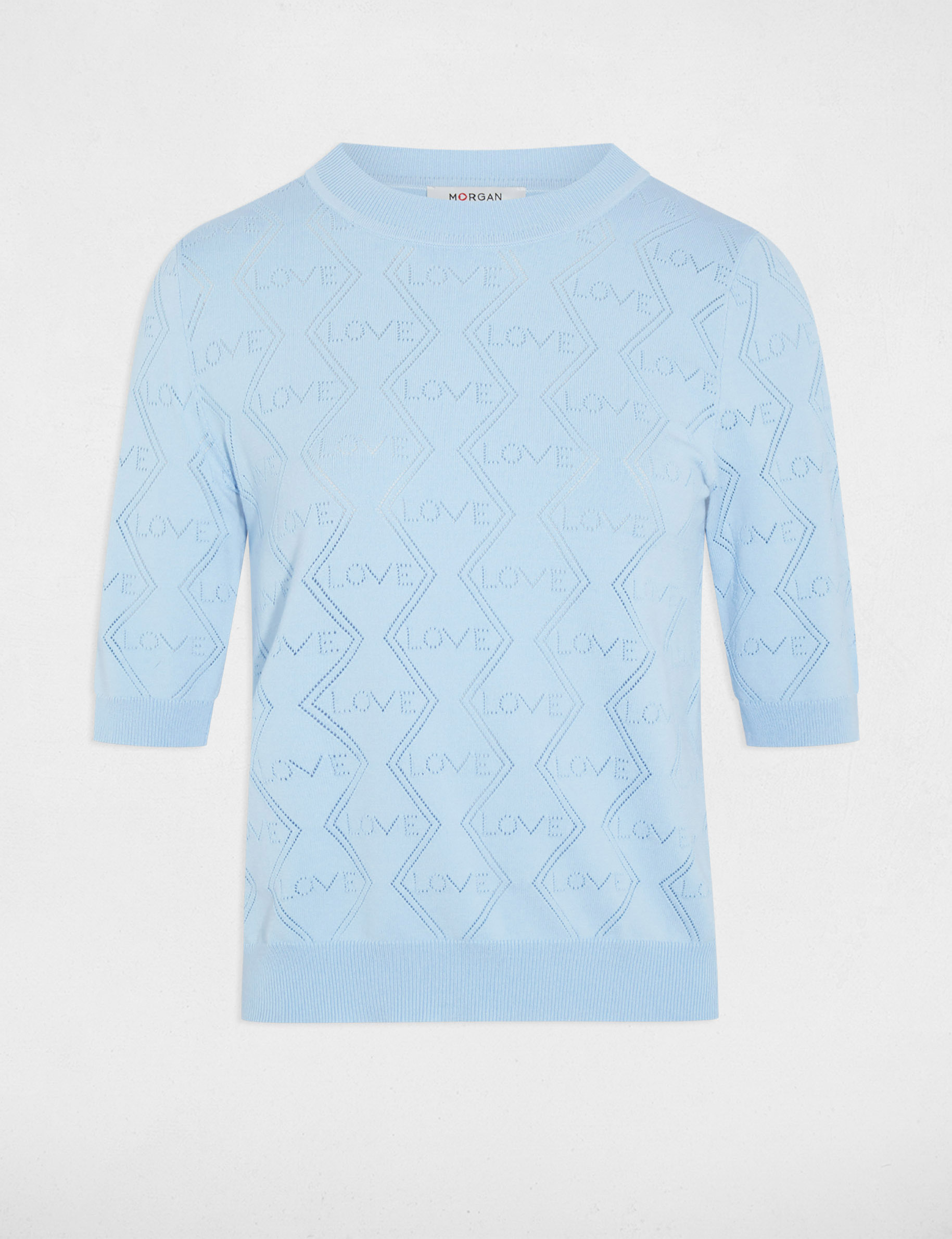 Pull ajour&eacute; manches 3/4 bleu ciel femme