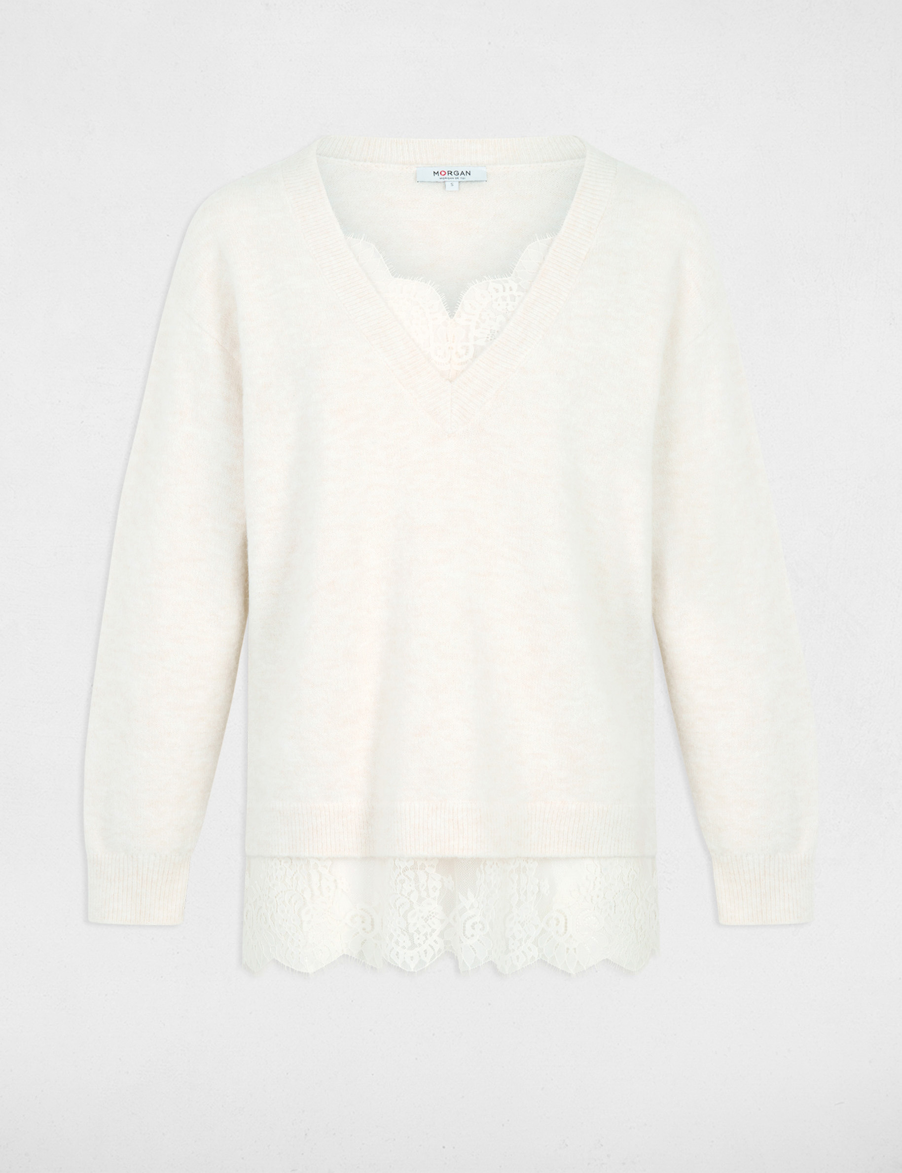 Pull col v manches longues ivoire femme