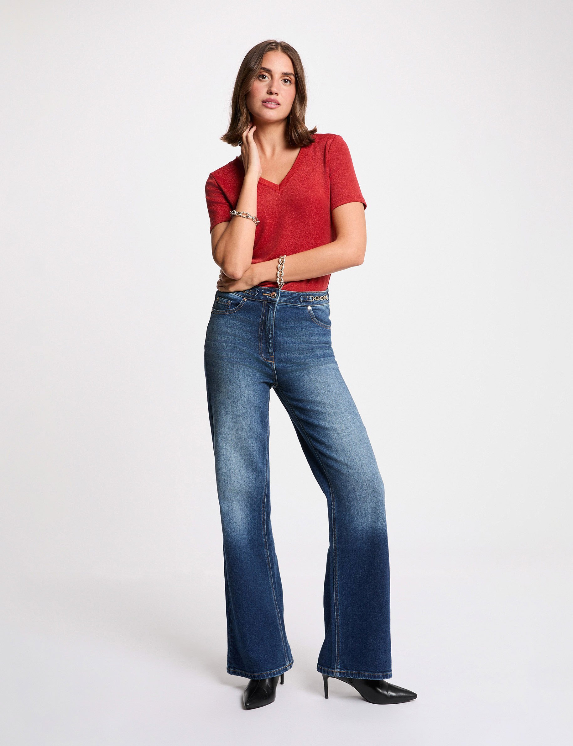 T-shirt manches courtes avec col en V orange fonc&eacute; femme