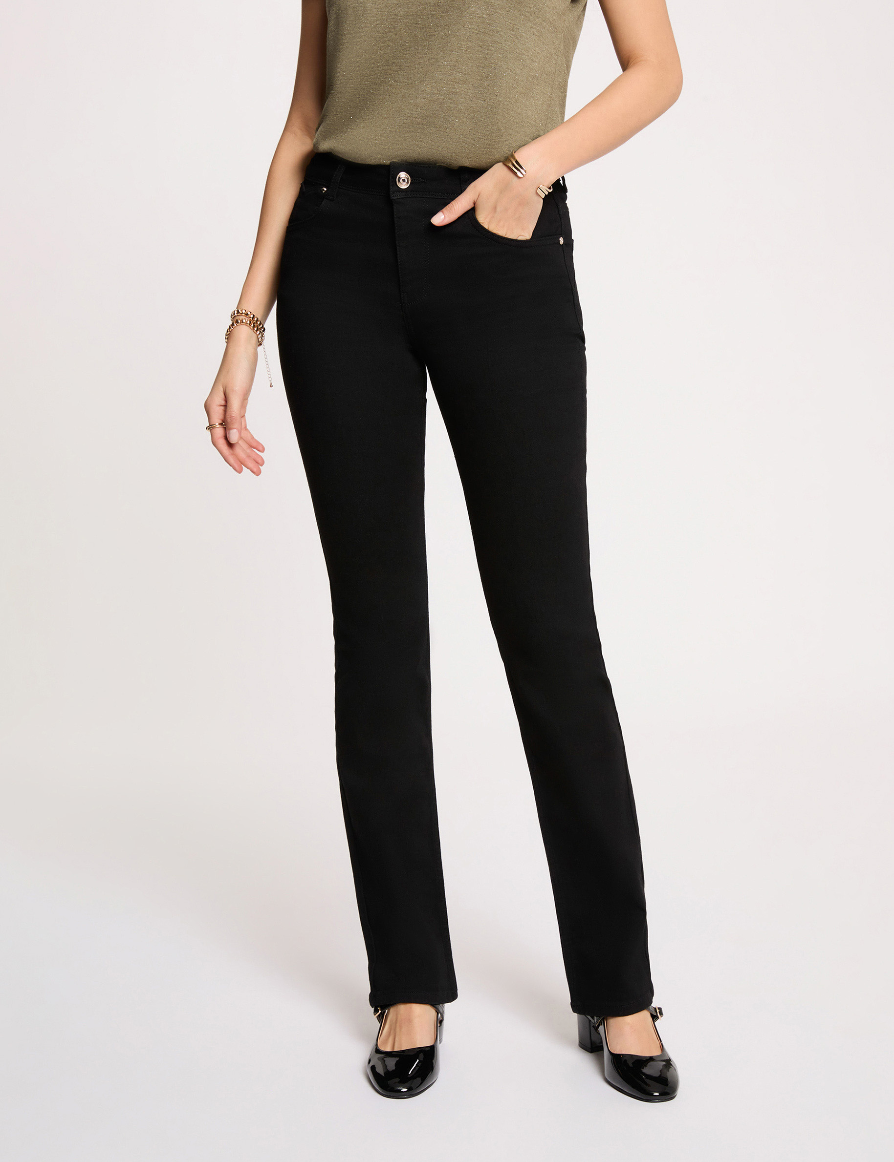 High-waist rechte broek denim zwart vrouw