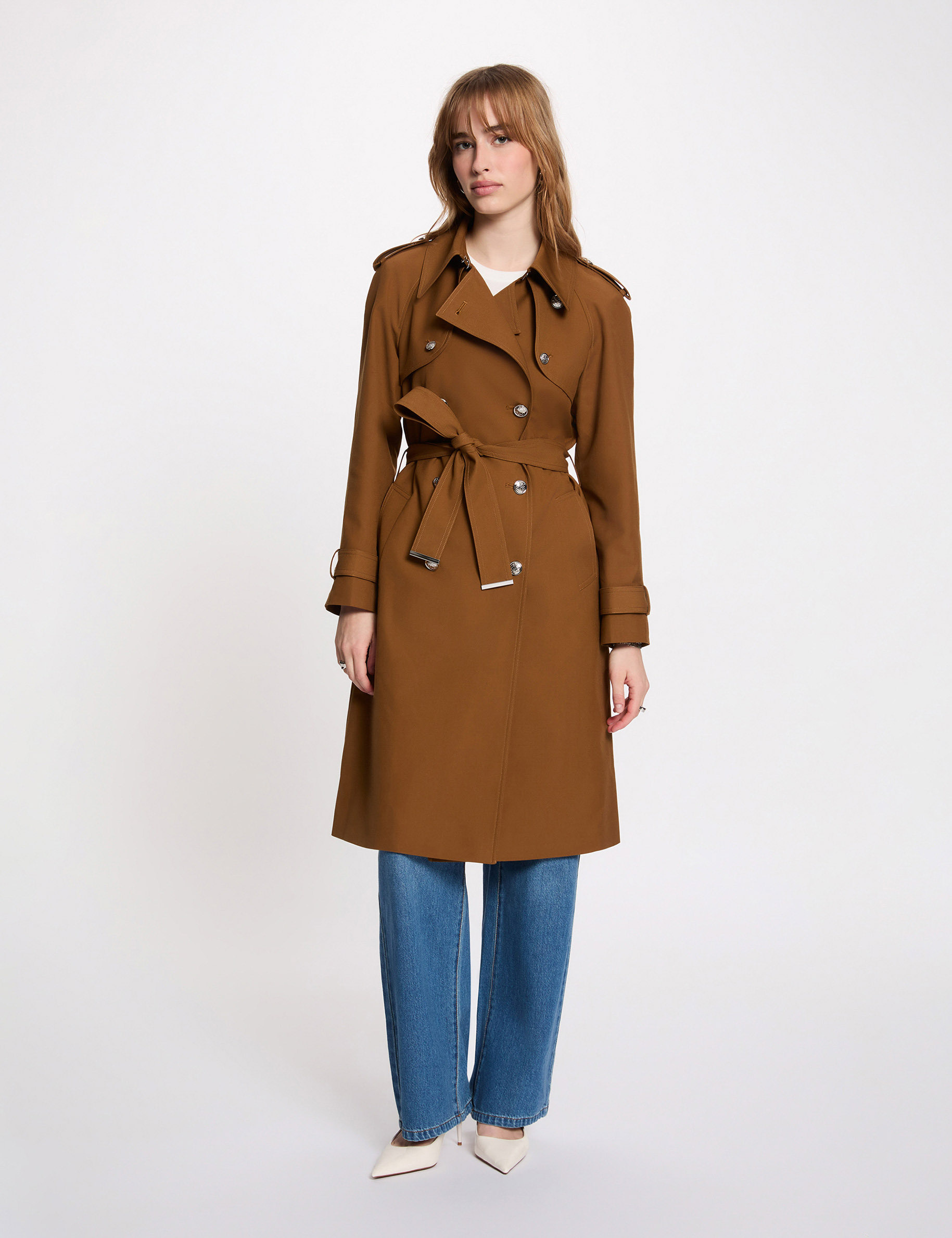 Lange trench met ceintuur camel vrouw