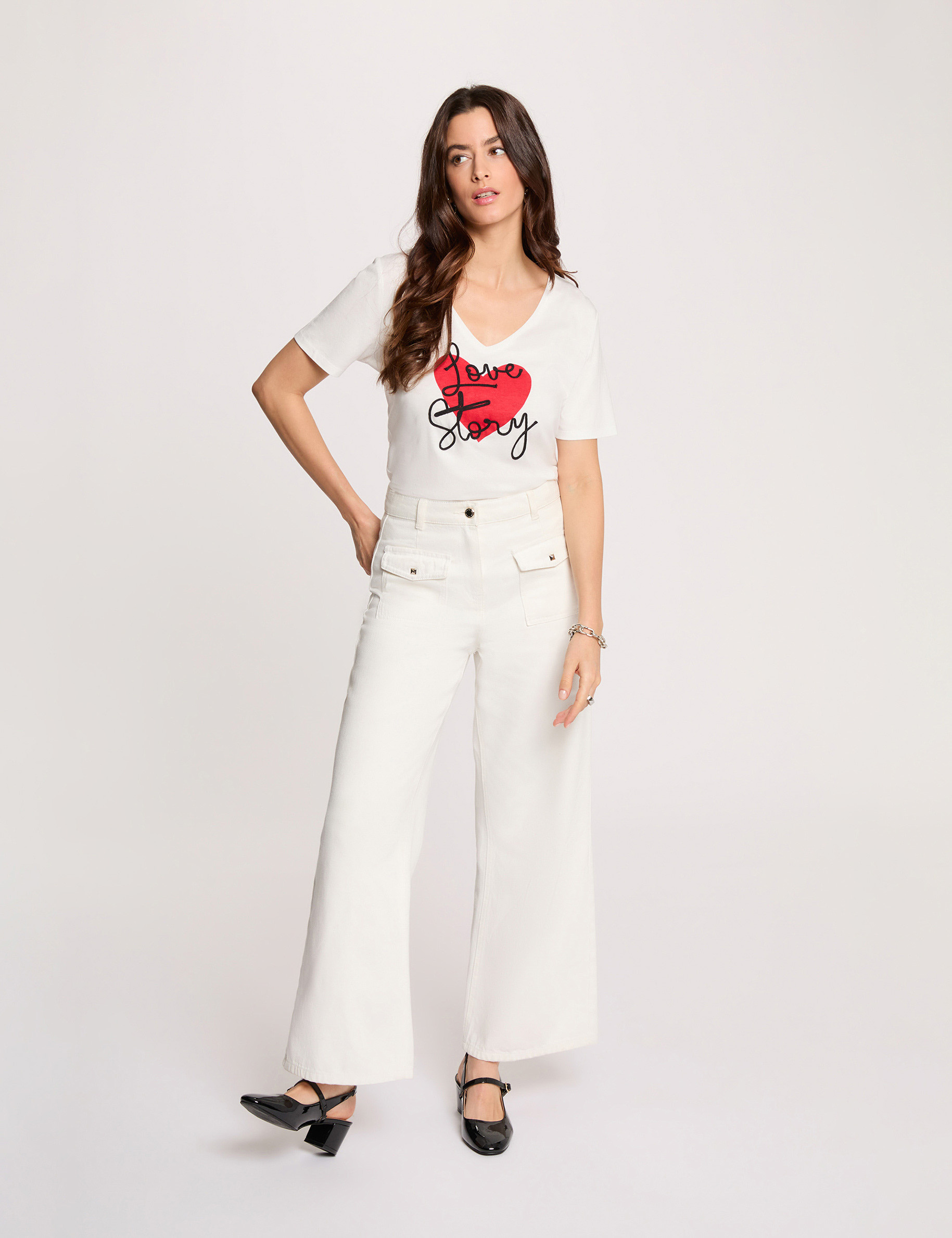 T-shirt met V-hals korte mouwen helder wit vrouw