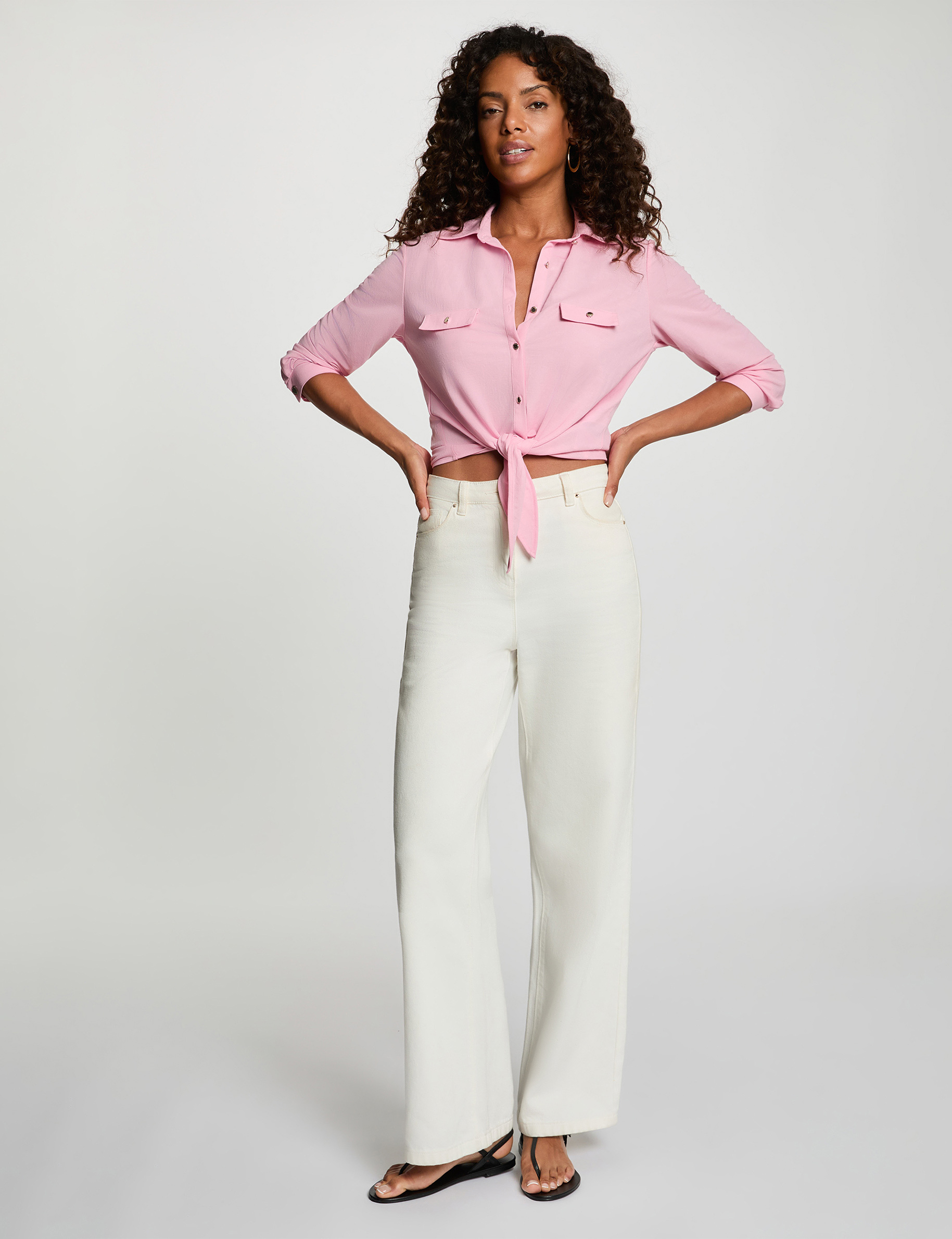Geknoopte blouse met reverskraag pastelroze vrouw