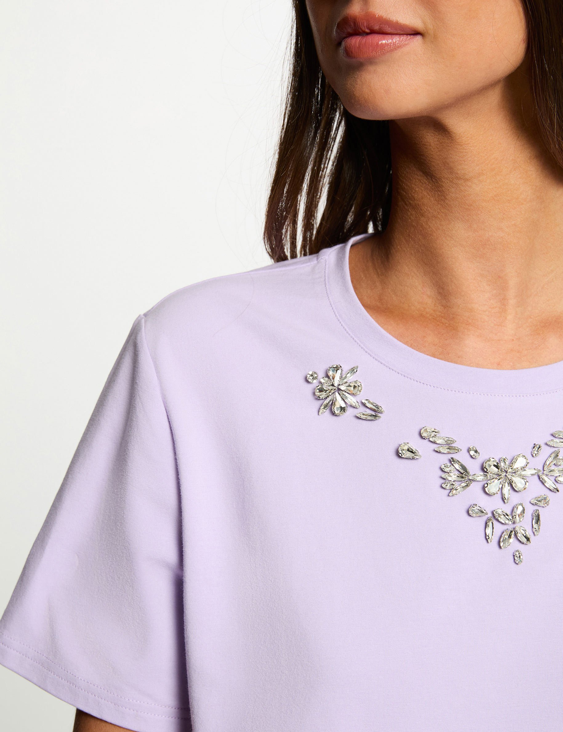 T-shirt met strass en korte mouwen mauve vrouw