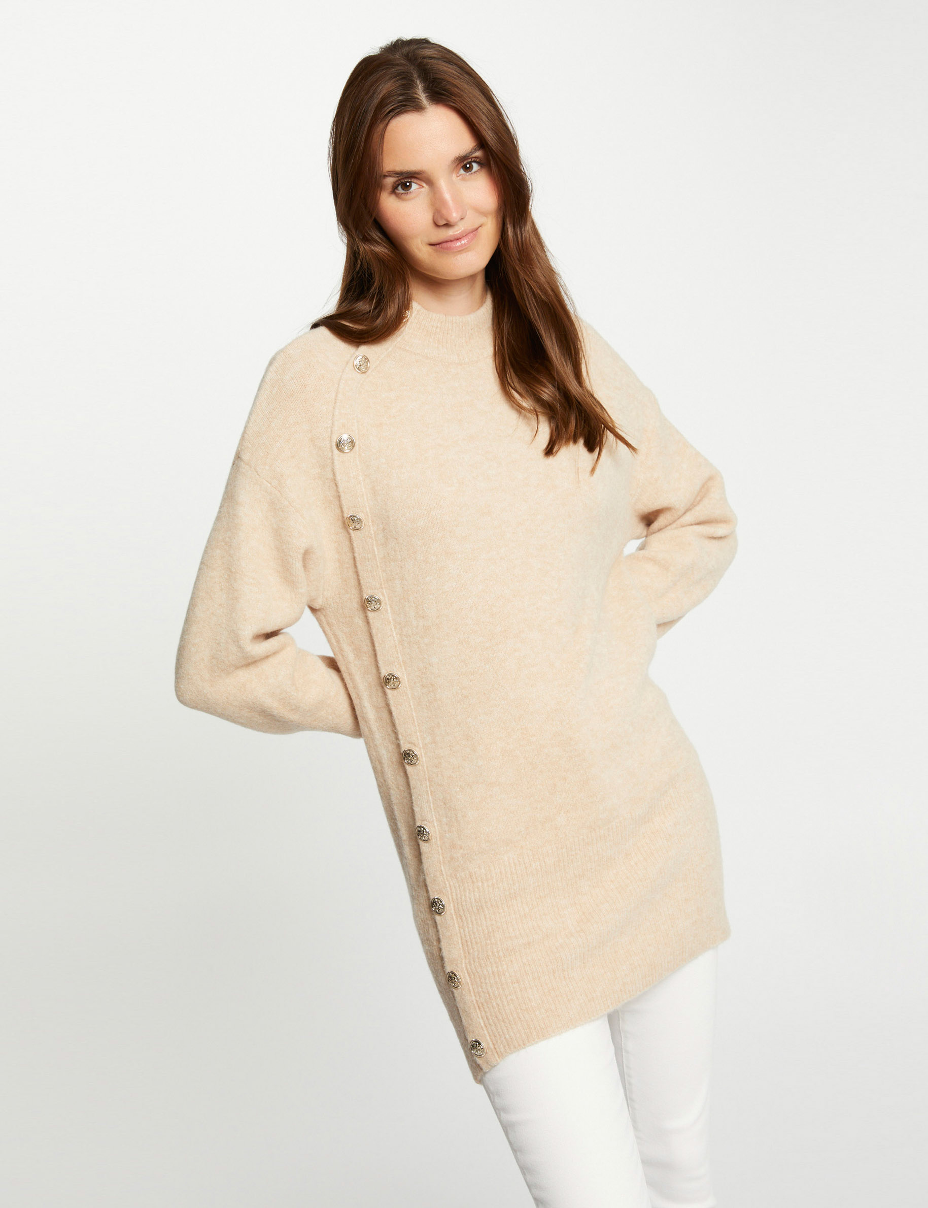 trui met lange mouwen halflang beige vrouw Trui met lange mouwen halflang beige vrouw