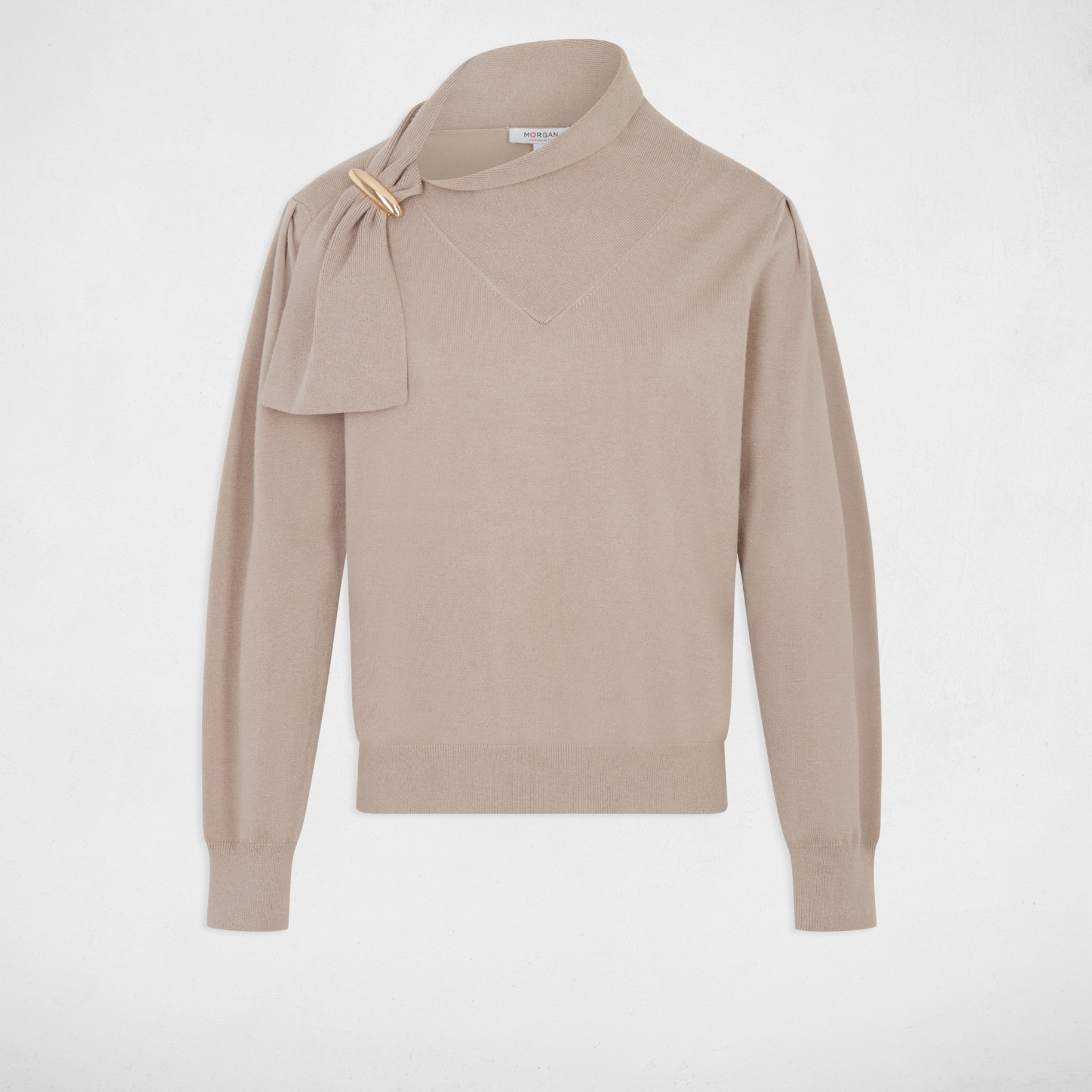 Pull col montant manches bouffantes taupe femme