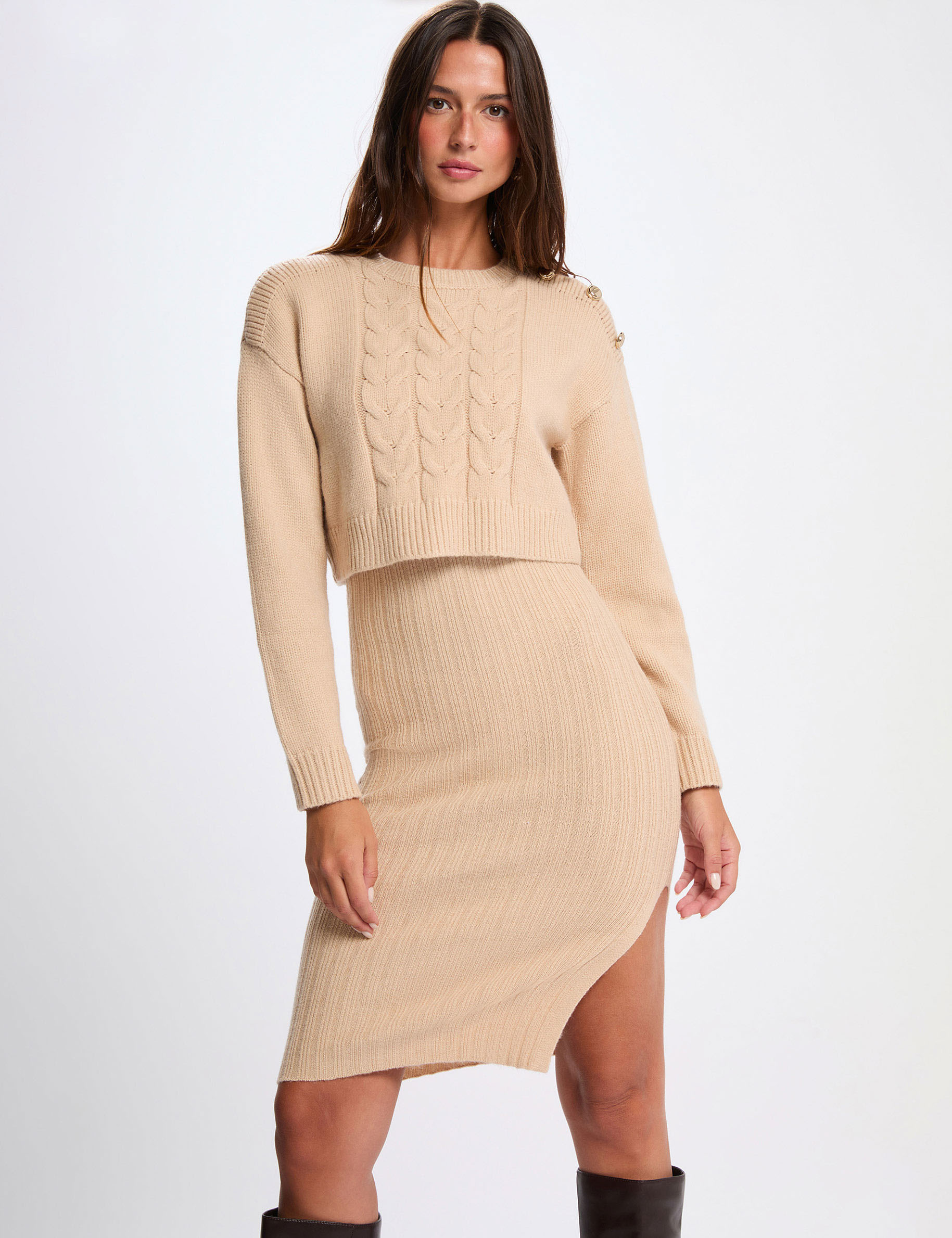 Robe tricot ajustée 2-en-1 beige femme