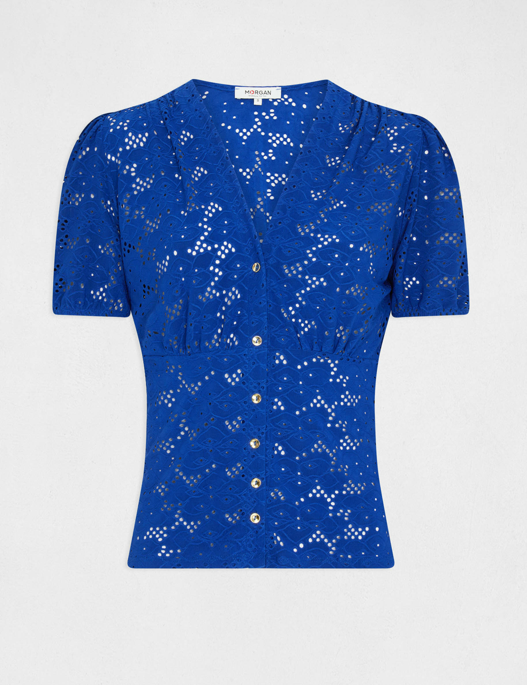 T-shirt met korte mouwen en borduursel bleu electrique vrouw